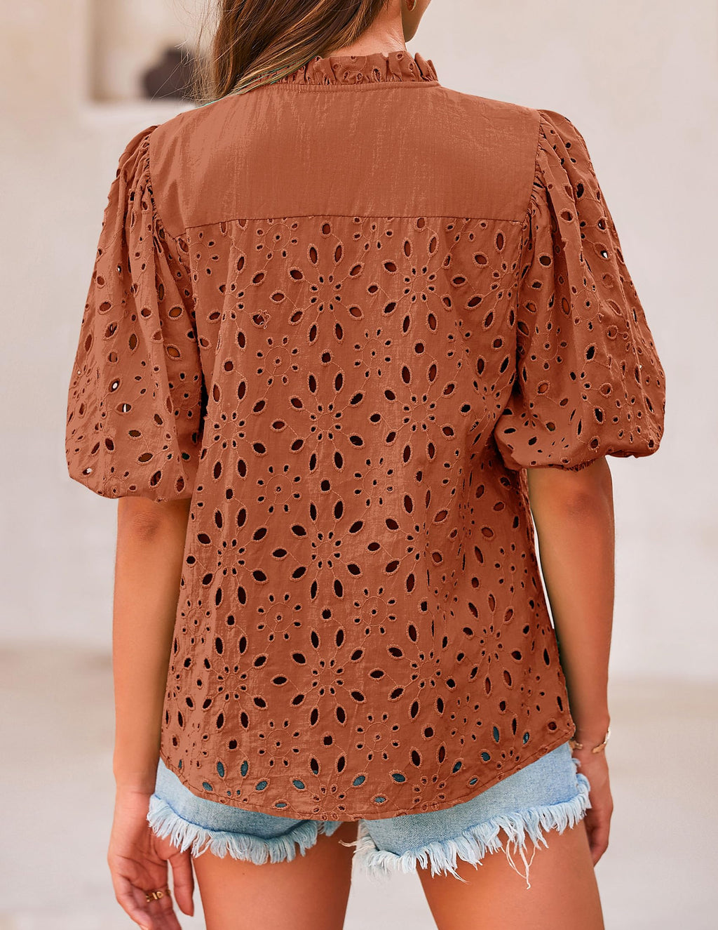 PRETTYGARDEN Women's Summer Tops Dressy Casual Short Sleeve V Neck Buttons Hollow Out Lace Embroidered Blouses Shirts