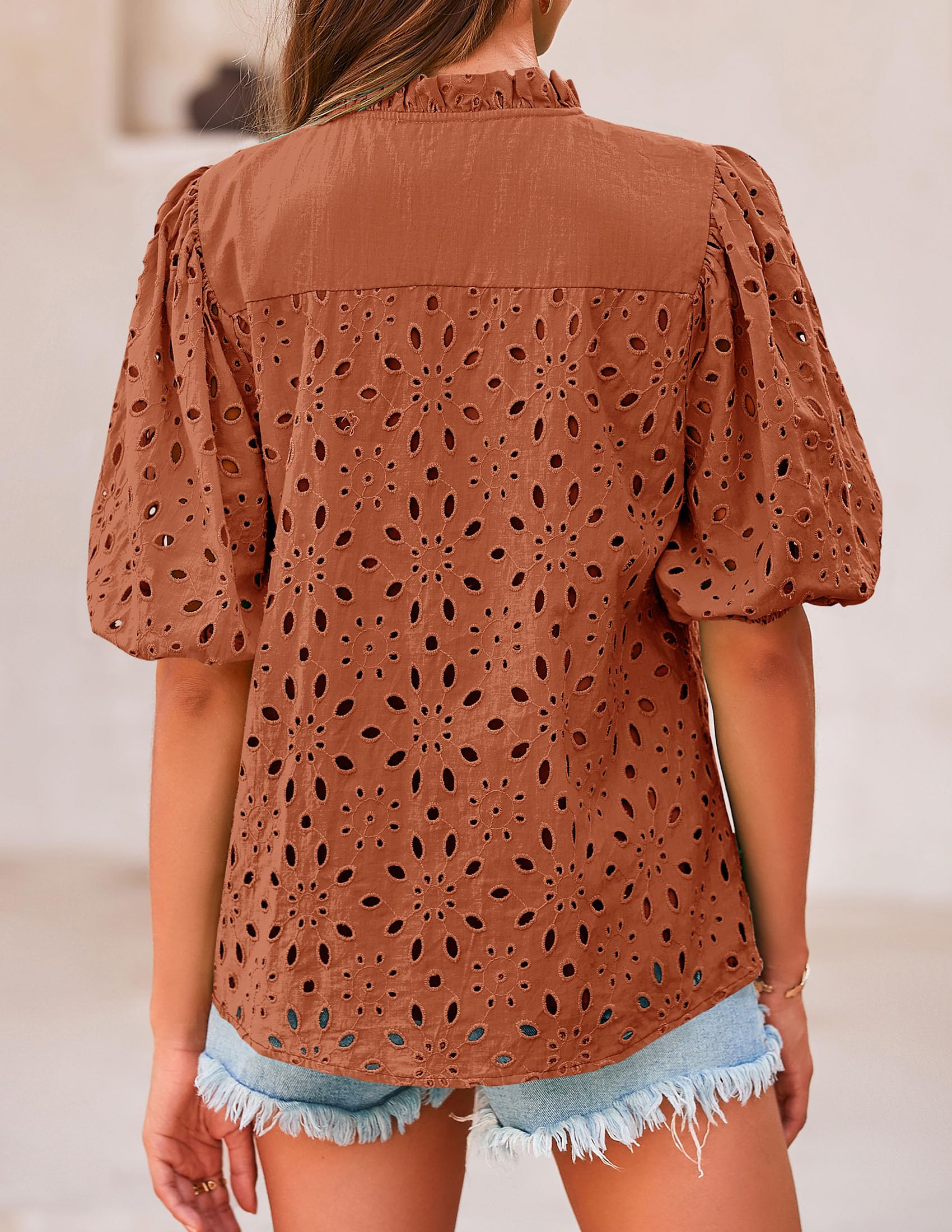 PRETTYGARDEN Women's Summer Tops Dressy Casual Short Sleeve V Neck Buttons Hollow Out Lace Embroidered Blouses Shirts