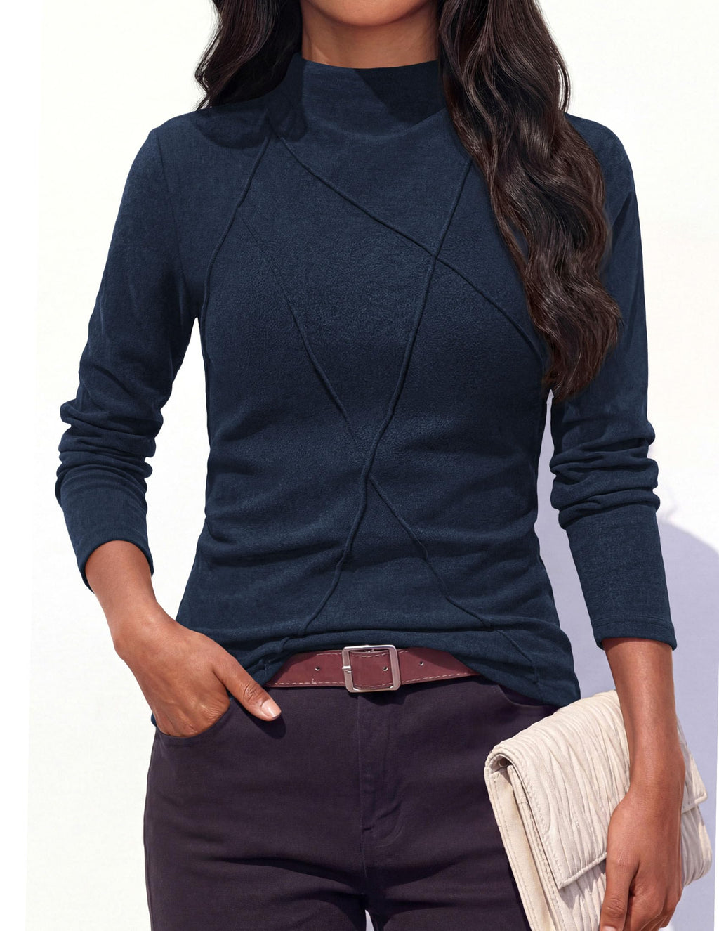 PRETTYGARDEN Women's Fall Mock Neck Long Sleeve Shirts | Soft Stretchy Knit,Geometric Seam Stitching,Slim Fitted Basic Tees,Thermal Casual Wear,Daily Work Layering Winter Tunic Top
