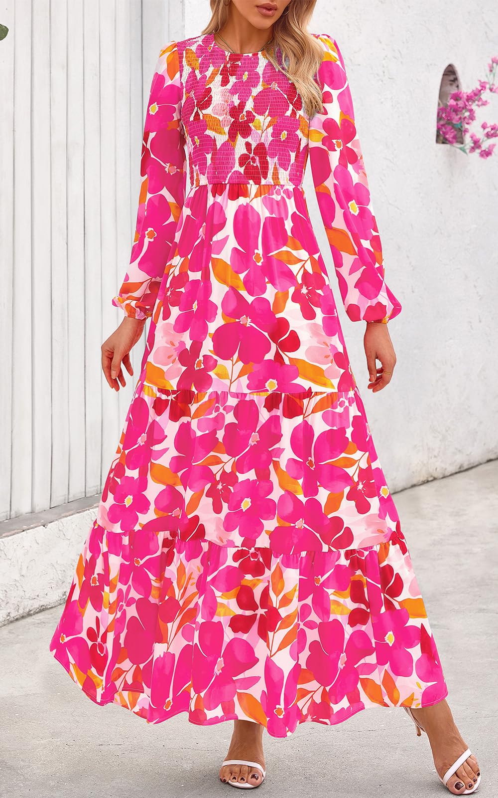 PRETTYGARDEN Women's Fall Dresses Long Sleeve Flowy Casual Floral Maxi Dress Crew Neck Smocked Tiered Long Dress