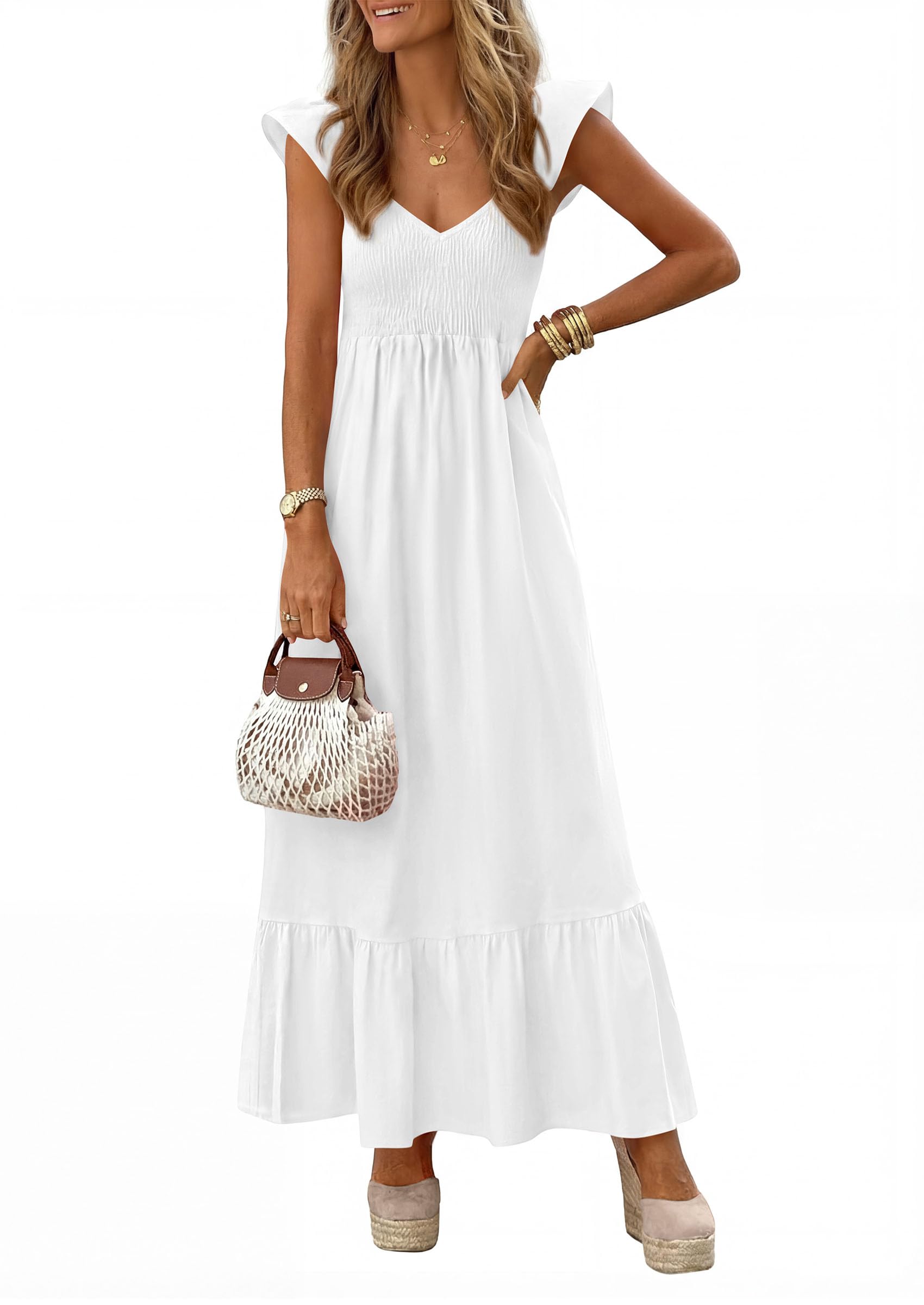 PRETTYGARDEN Women's Summer Casual Maxi Dresses Cap Sleeve V Neck Smocked Long Pockets Party Sundress Vacation Outfits