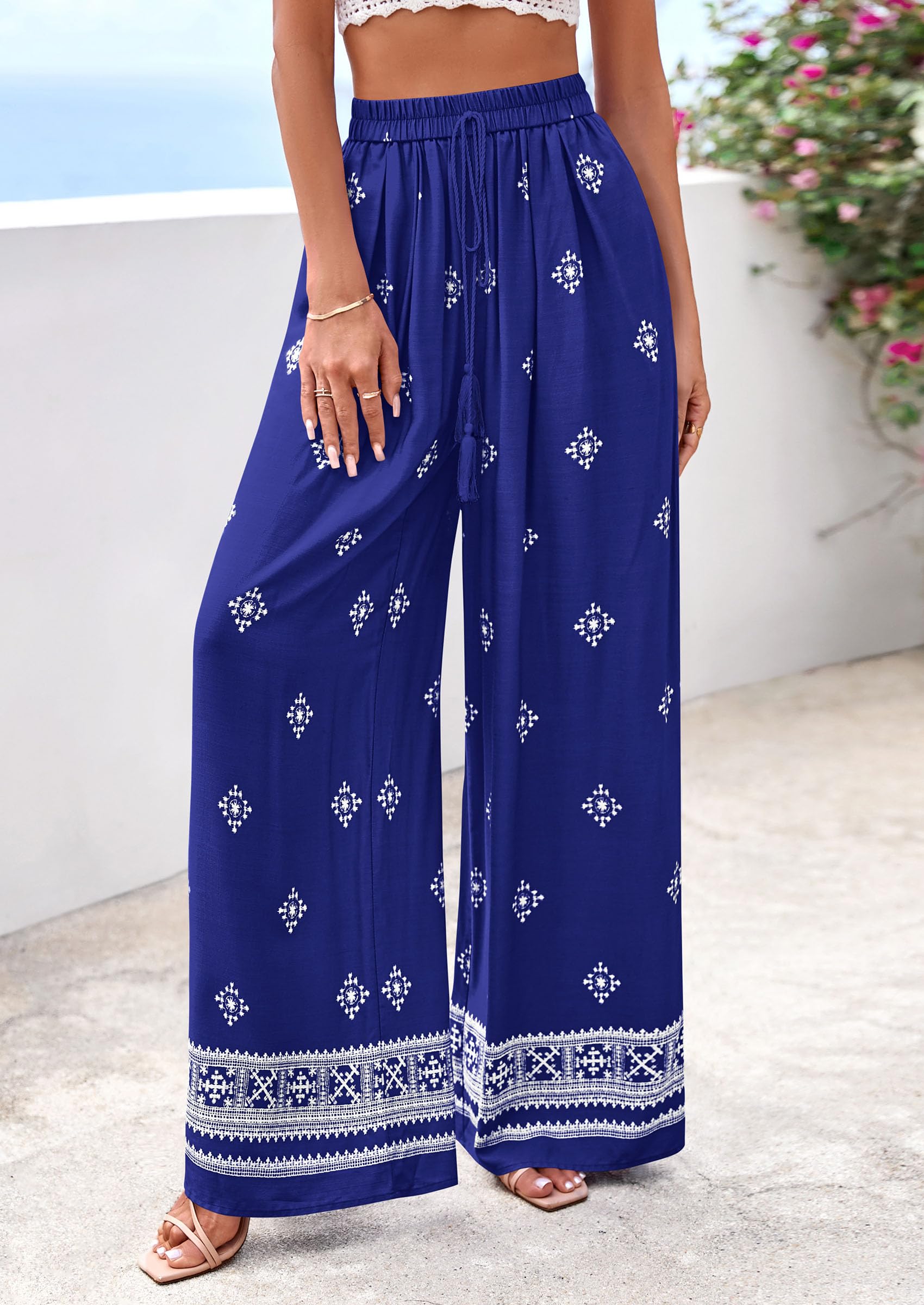 PRETTYGARDEN Women's Wide Leg Palazzo Pants Summer Boho Floral Trousers Spring Flowy Beach Vacation Clothes Resort Wear