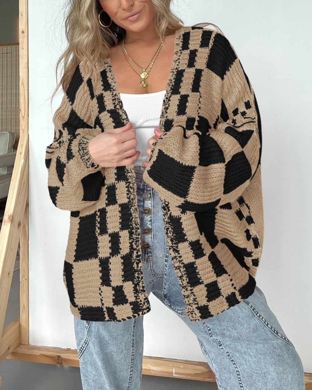 FreshPretty Casual Cardigan Sweater for Women Fall Long Sleeve Open Front Chunky Knit Sweaters Checkered Outwear Coat