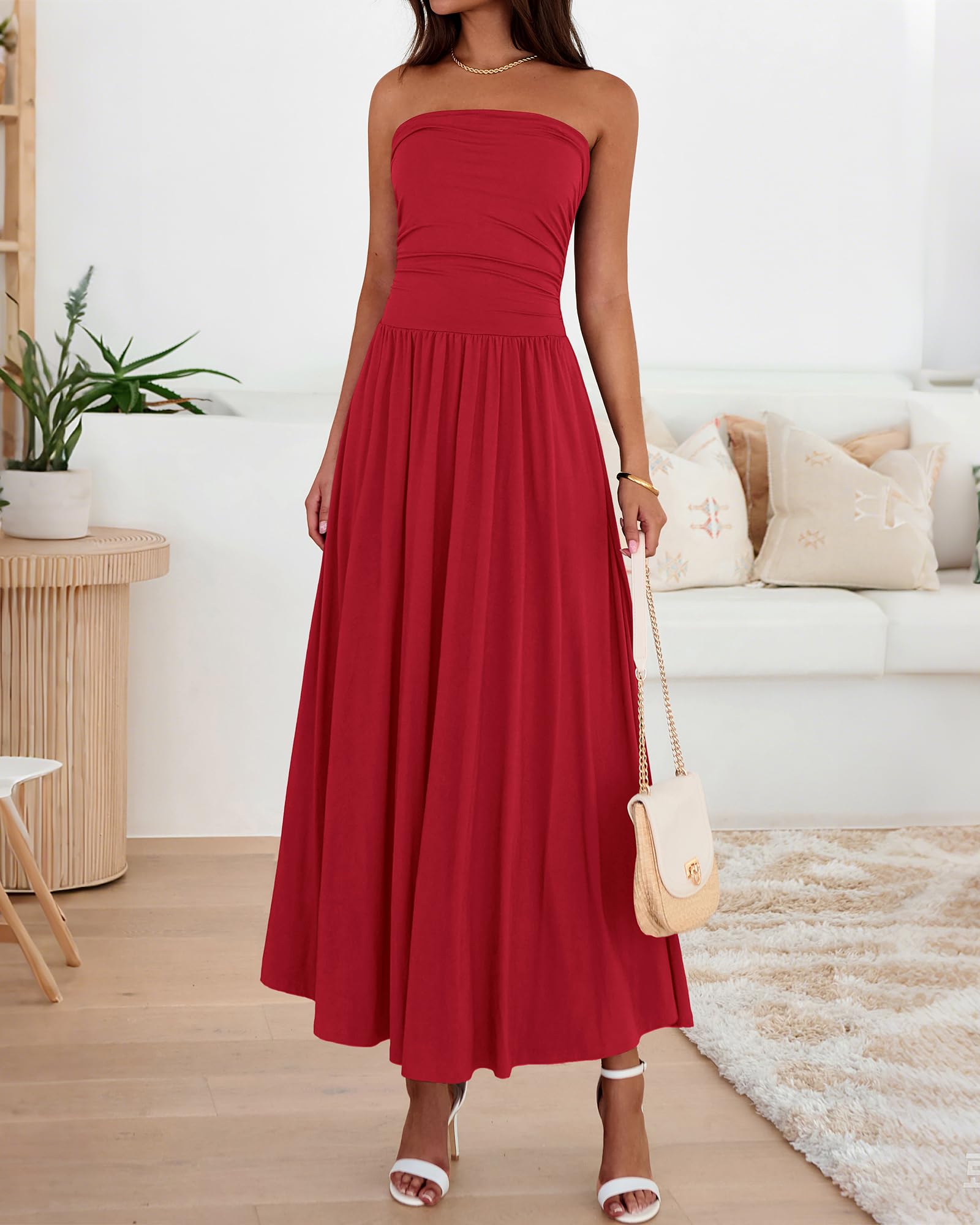 BTFBM Summer Maxi Dresses for Women Strapless Ruched Tube Top Beach Vacation Spring Wedding Guest Dress Pockets