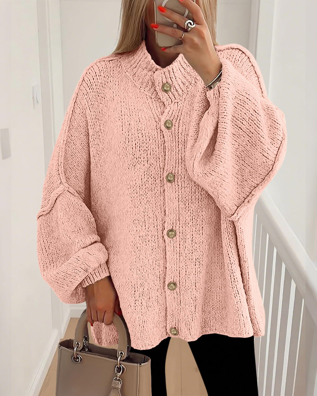 BTFBM Cardigan Sweaters for Women Fall Clothes Lantern Long Sleeve Button Open Front Chunky Knit Oversized Sweater