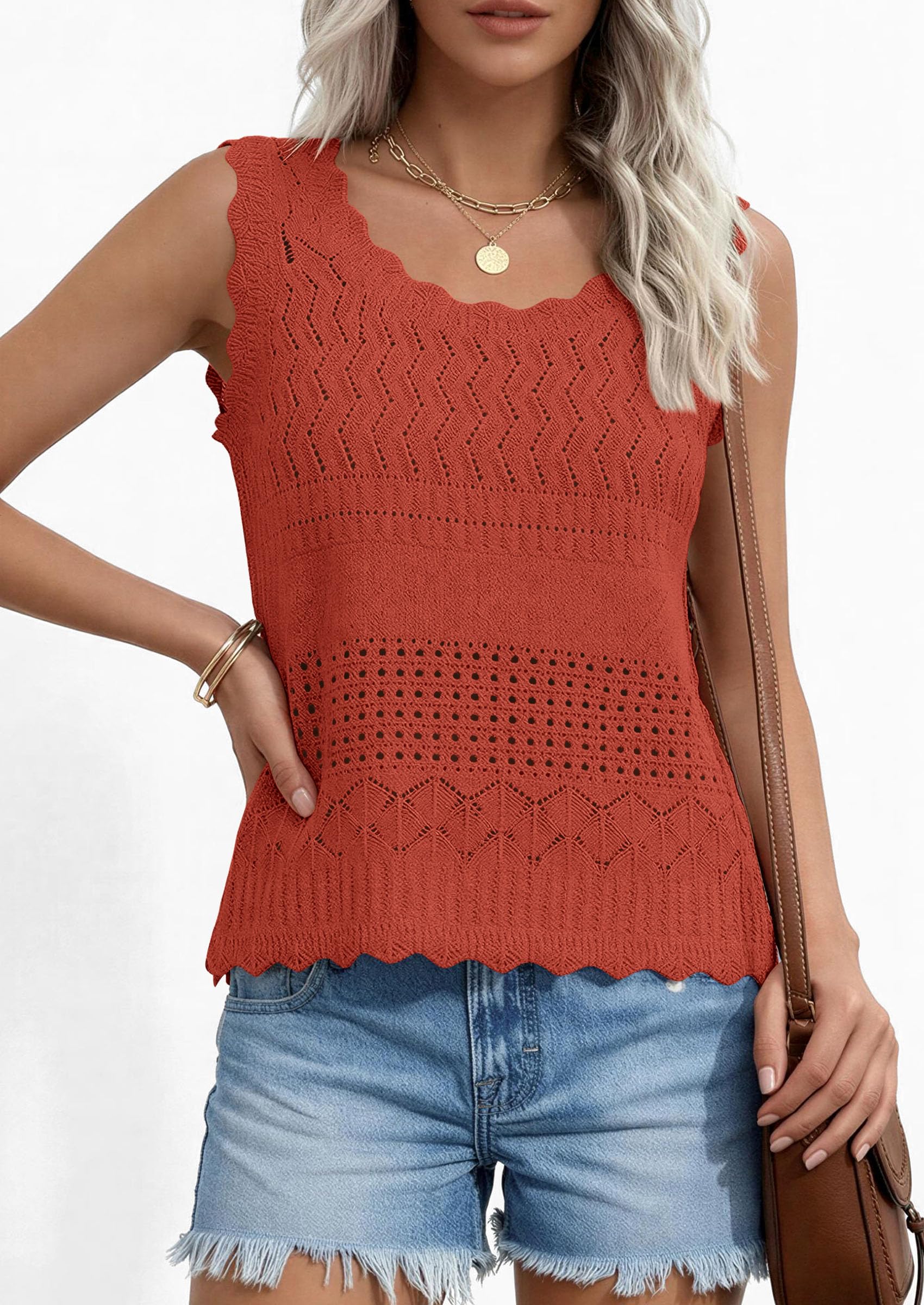 PRETTYGARDEN Womens Crochet Tank Tops Summer Spring Boho Sleeveless Cute Knit Sweater Vest Trendy Beach