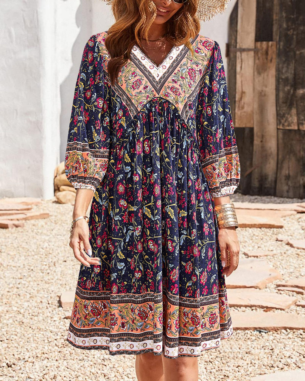 BTFBM Women Casual Spring Summer Dresses V Neck 3/4 Long Sleeve Ruffle Floral Flowy Boho Babydoll Mini Short Beach Dress
