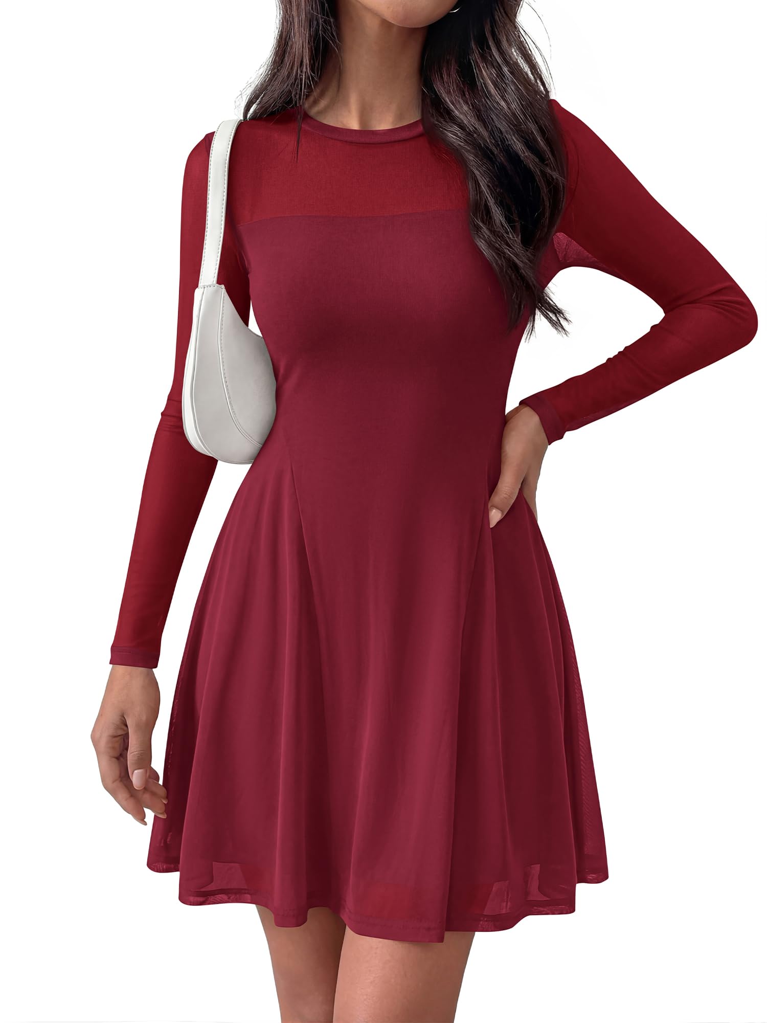BTFBM Women’s Mini Dress Sheer Mesh Long Sleeve Crew Neck Flowy A Line Casual Cocktail Party Going Out Dresses Fall