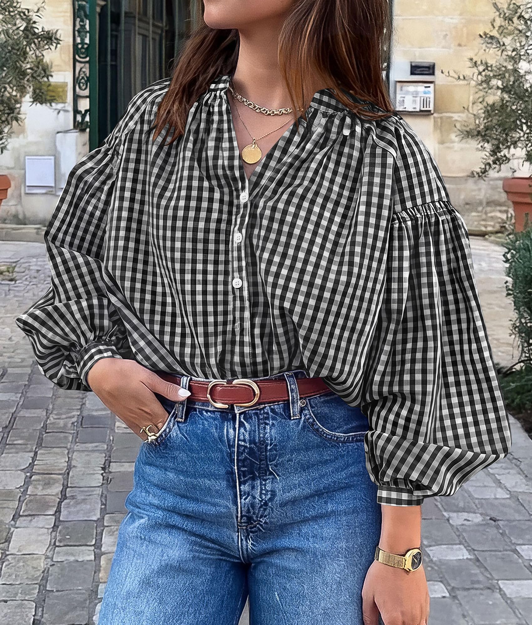 PRETTYGARDEN Women Fall Plaid Long Puff Sleeve Shirts V Neck Casual Blouses Gingham Button Down Oversized, Pleated Drop Shoulder Cotton Tops, Dressy Casual, Work Vacation Travel, Fall Outfits Trendy