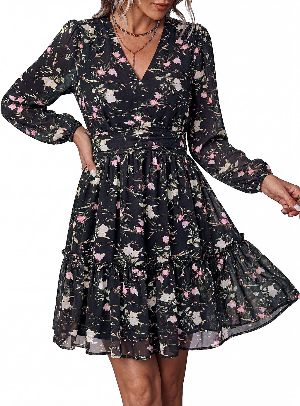 PRETTYGARDEN Women Floral Long Sleeve Mini Dress | Fall Wedding Guest Dresses, V Neck, Fit & Flare, Ruffle Hem A-Line, Short Chiffon Dress, Elegant Holiday Party, Date Outfits