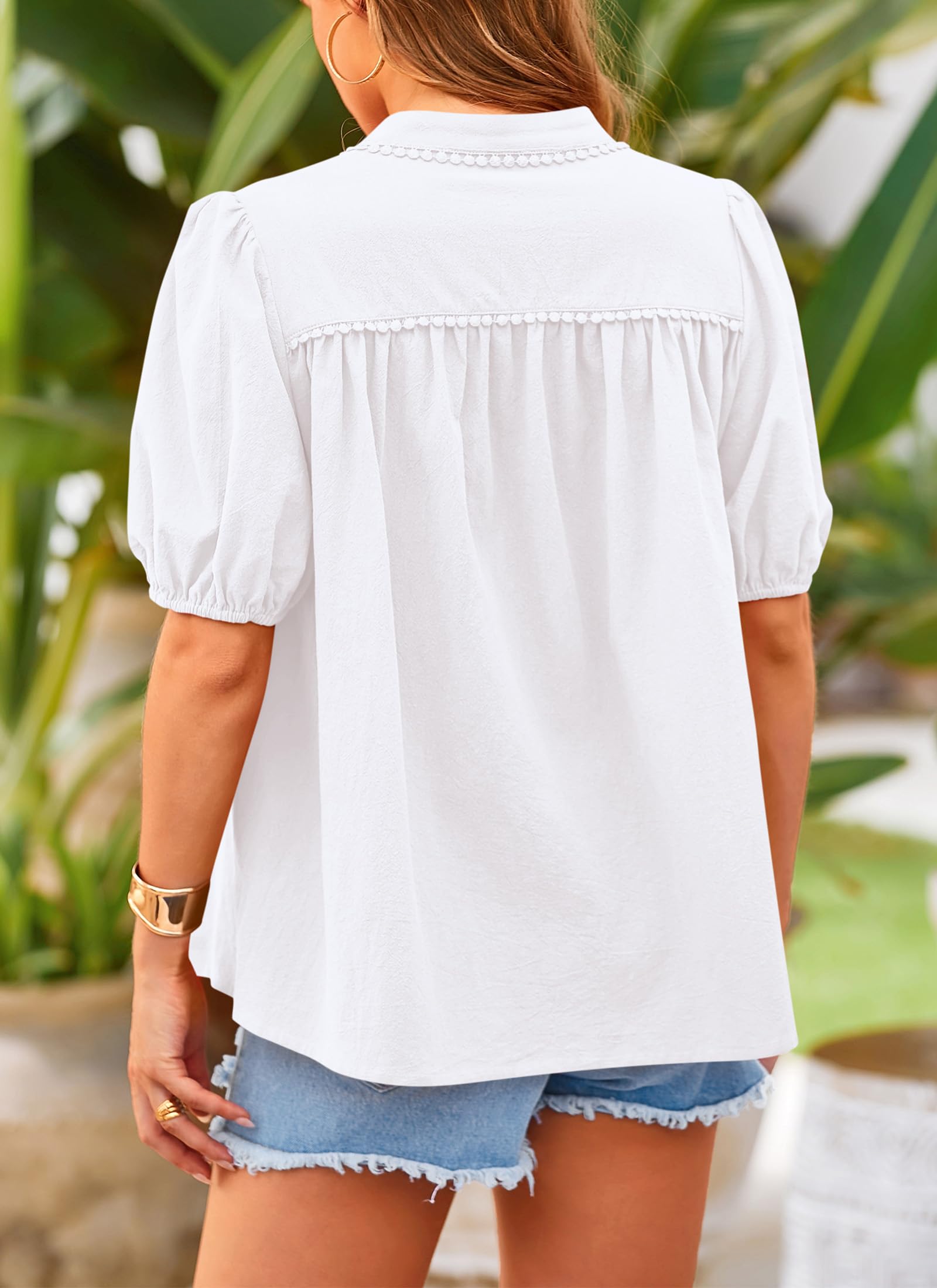 PRETTYGARDEN Women's Summer Button Down Shirts Short Lantern Sleeve V Neck Cotton Cute Dressy Casual Ladies Tops Blouses