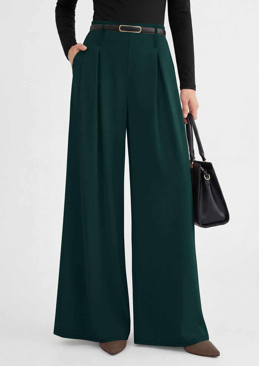 PRETTYGARDEN Womens Spring Wide Leg Trousers High Elastic Waist Loose Pleated Long Flowy Palazzo Work Pants with Pockets