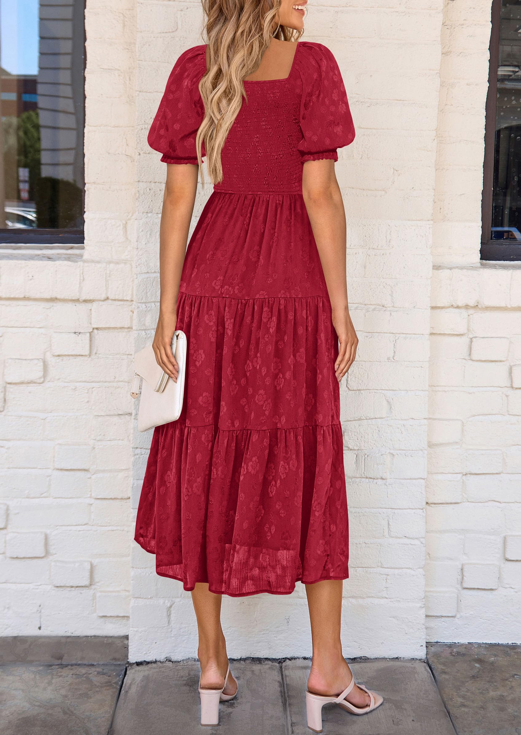 PRETTYGARDEN Women's Summer Casual Midi Dresses Square Neck Short Sleeve Smocked A Line Floral Flowy Elegant Boho Dress
