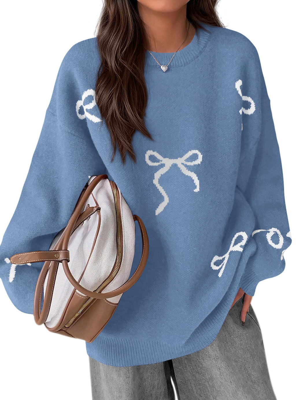 PRETTYGARDEN Fall Long Sleeve Pullover Sweaters for Women Trendy Crewneck Casual Cute Bow Chunky Knit Oversized Sweater
