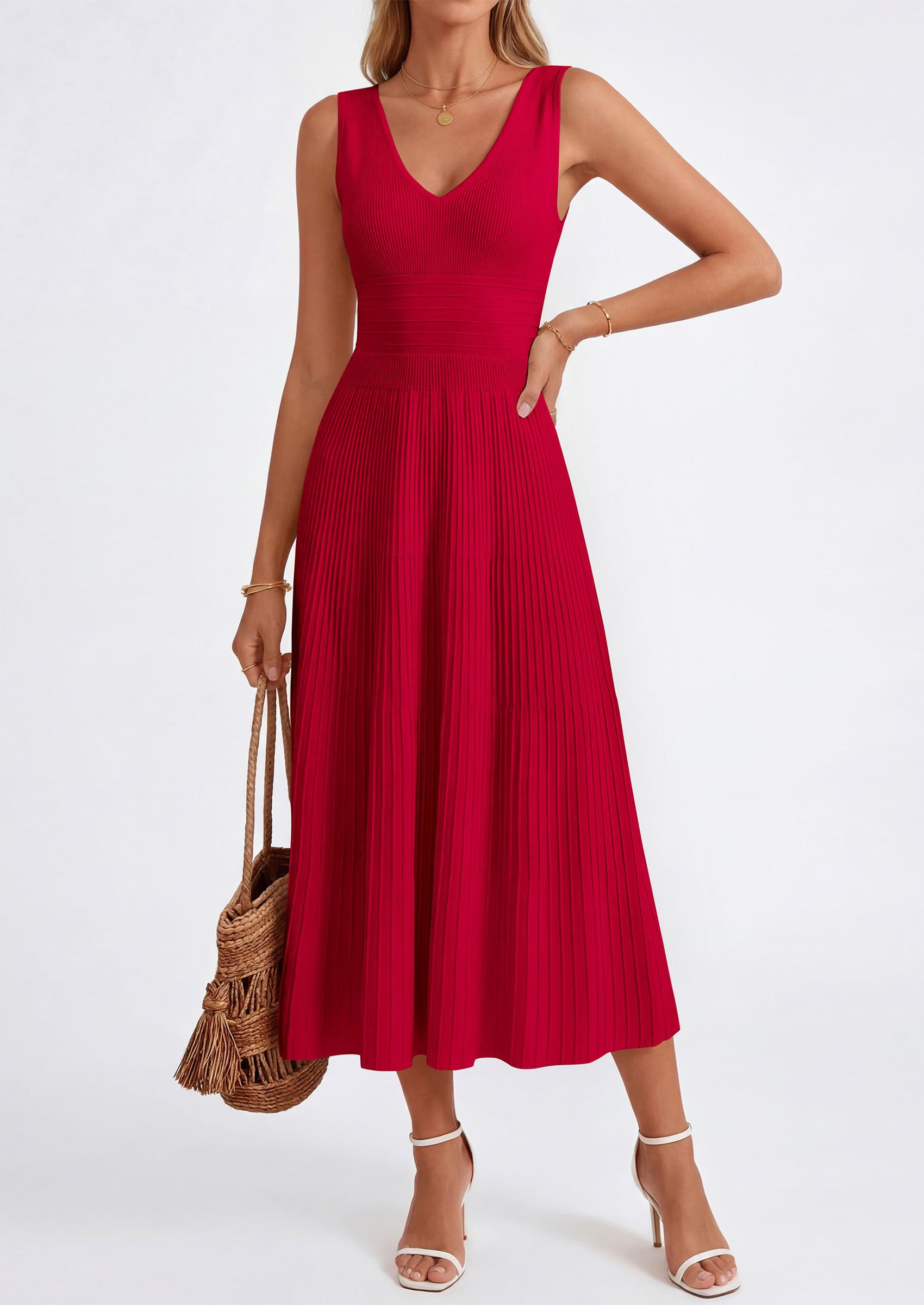 PRETTYGARDEN Women's Summer Casual Dresses Spring Sleeveless V Neck Knit Midi Business Work A Line Cocktail Dress