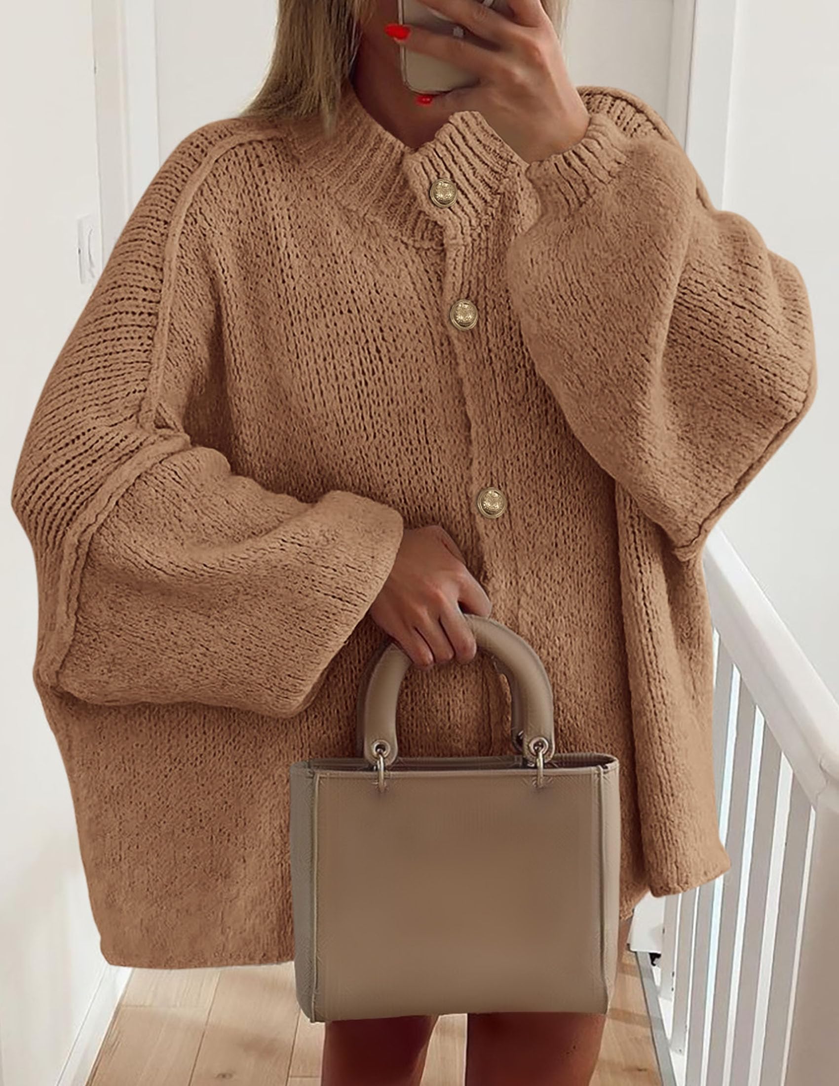 PRETTYGARDEN Women's Winter Button Down Cardigan Sweaters Mock Neck Lantern Long Sleeve Chunky Knit Jacket Trendy Outerwear