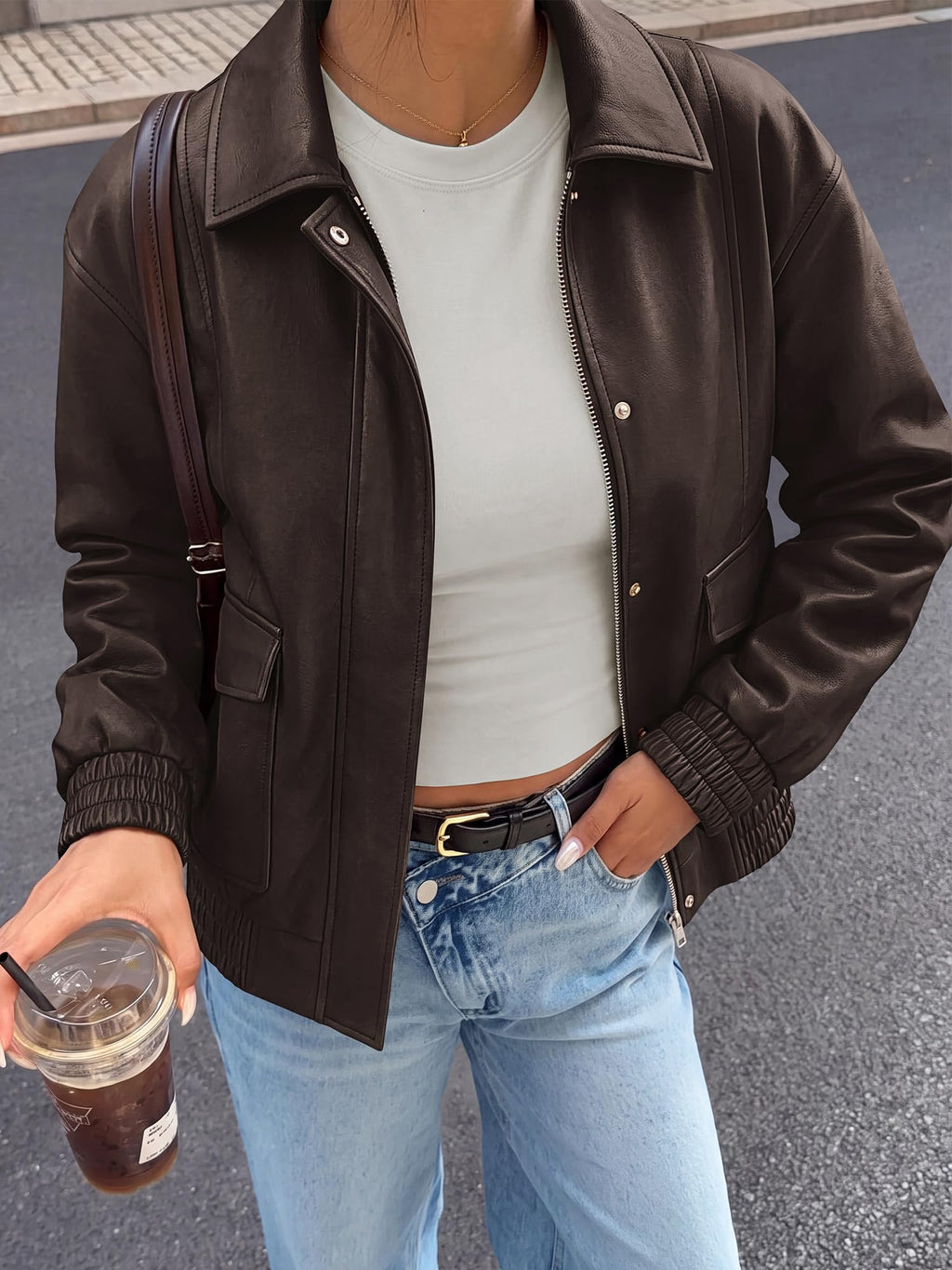 BTFBM Faux Leather Jacket Women Fall Clothes Long Sleeve, Bomber Jackets, Snaps, Pockets, Oversized, Zip Up Motorcycle Outerwear, Airport, Going Out Outfits, Winter Coat