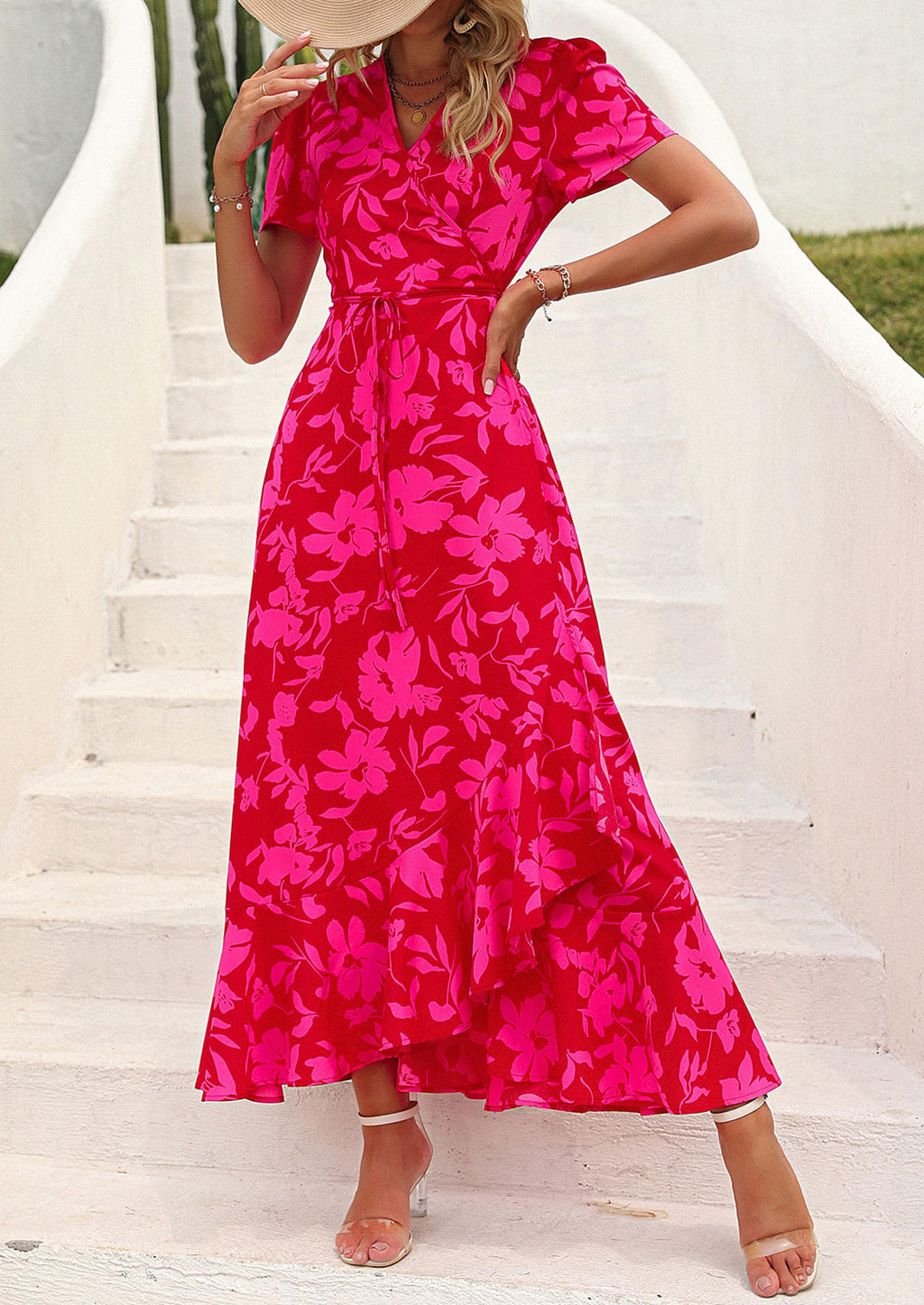 PRETTYGARDEN Women's Summer Maxi Dress Casual Wrap Floral Boho Short Sleeve V Neck Split Ruffle Beach Long Dresses