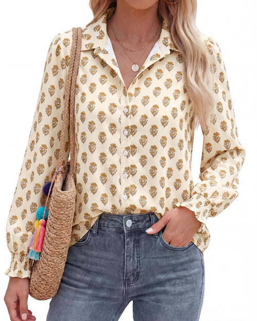 BTFBM Long Sleeve Blouses for Women, Floral V Neck Button Down Shirts, Smocked Cuffs, Business Casual Summer Outfits