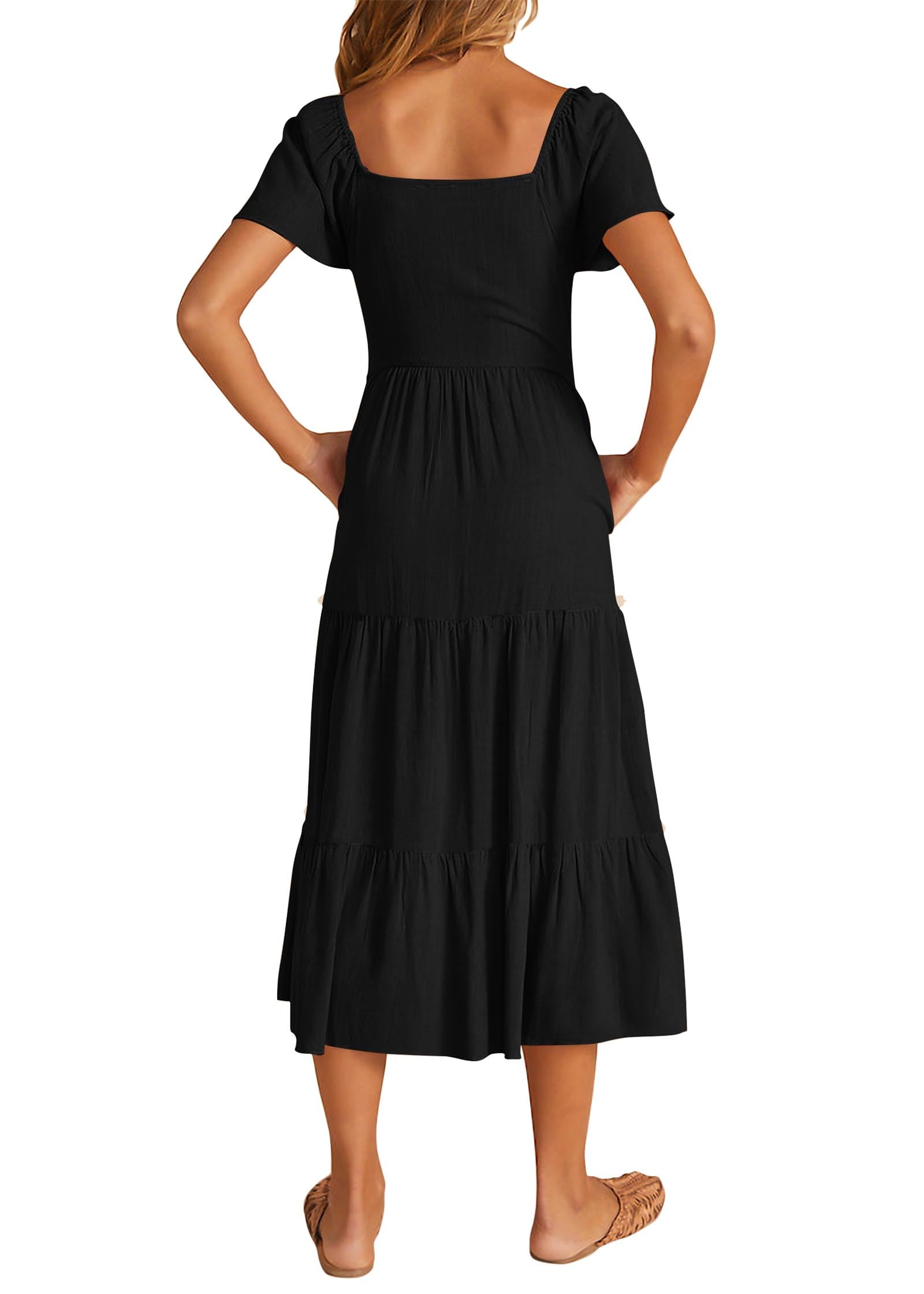 FreshPretty Women Spring Summer Casual Short Sleeve Midi Dress Button V Neck Tiered Vacation Sundress with Pockets