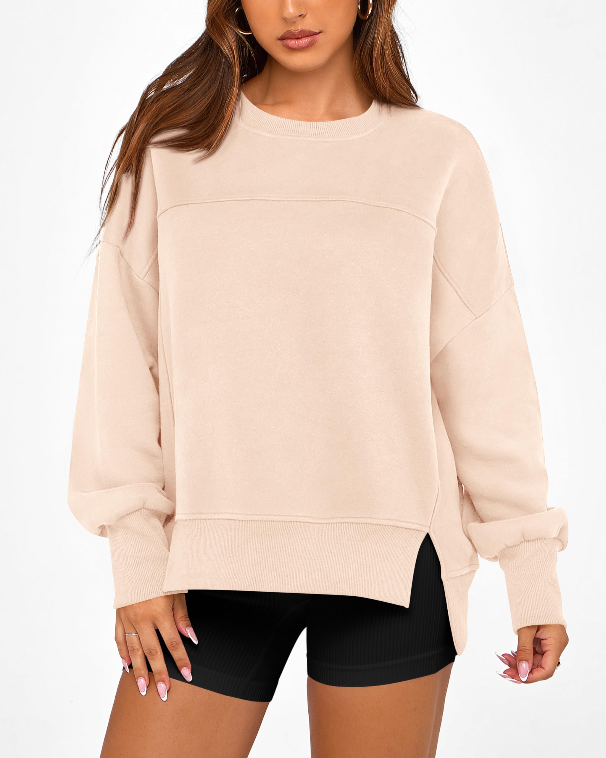 BTFBM Women's Casual Crewneck Sweatshirts Spring Long Sleeve Side Slit Workout Fleece Pullover Top Fashion Clothing