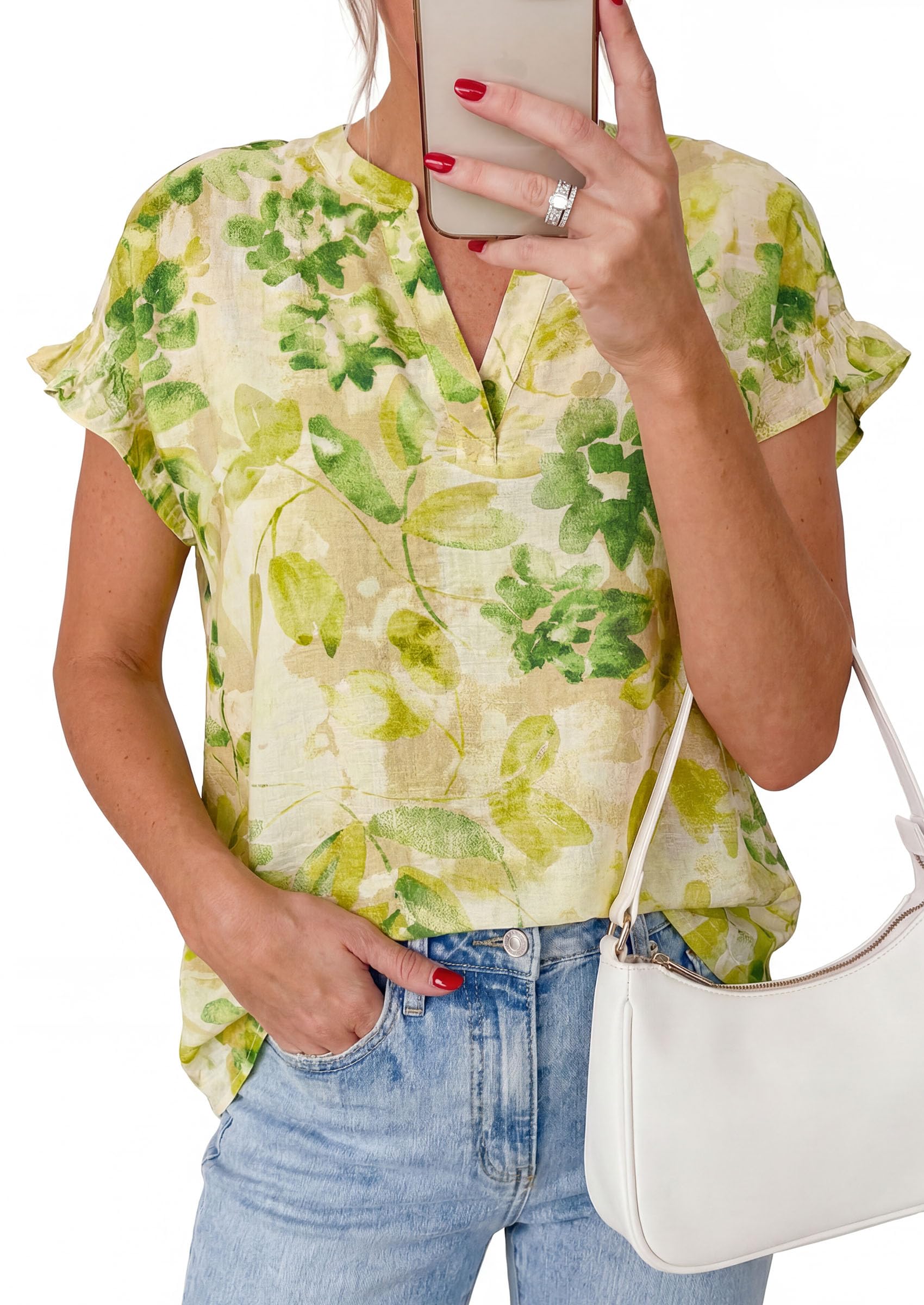 PRETTYGARDEN Womens Floral Print Short Sleeve Summer Tops Trendy V Neck Loose Boho Shirts Casual Work Blouses