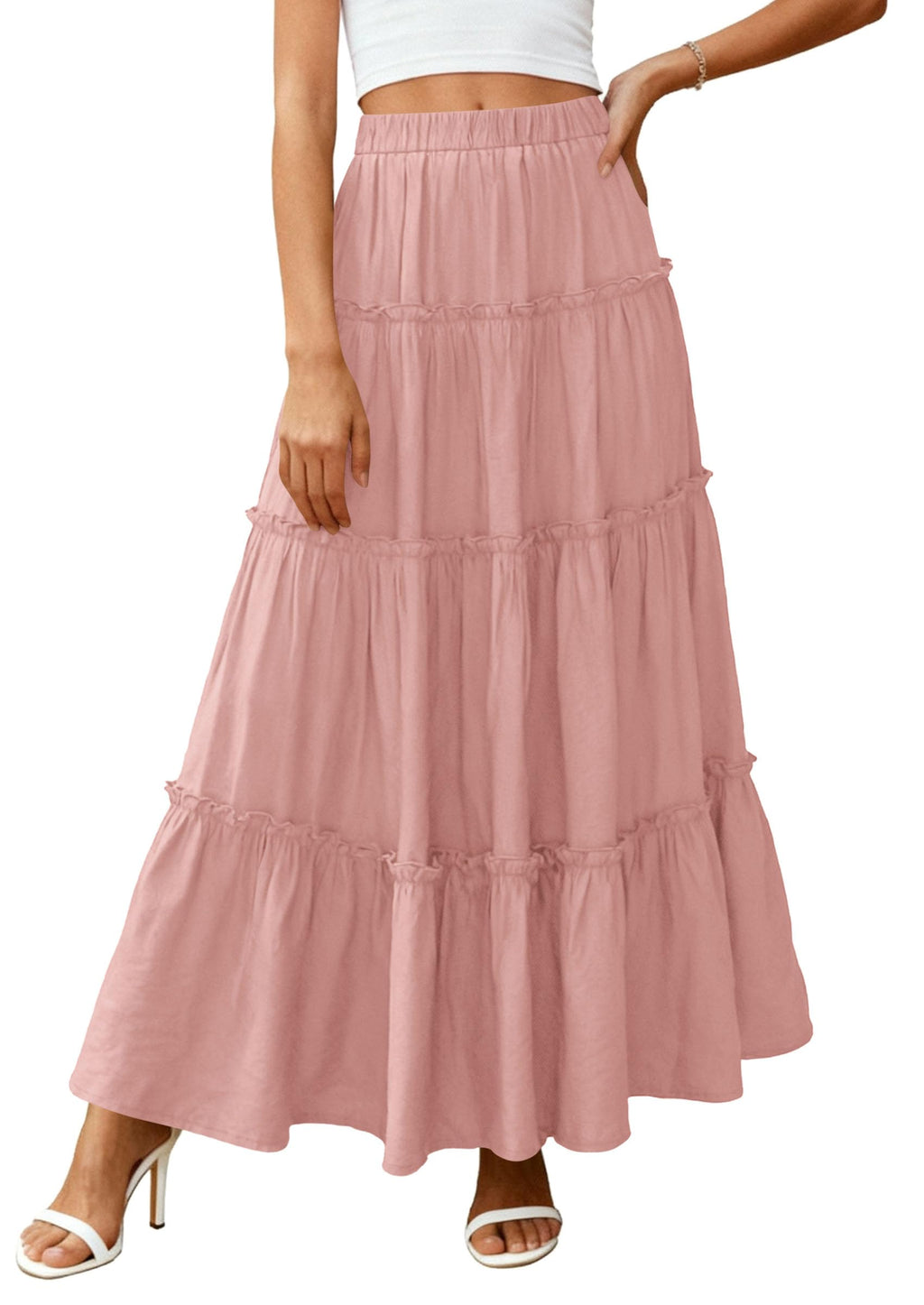 PRETTYGARDEN Women's Tiered Maxi Skirt Summer Spring Fashion High Waisted Long Flowy Casual Boho Beach Vacation Clothes