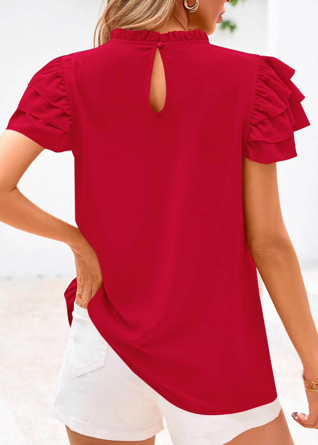 FreshPretty Blouses for Women Dressy Casual Spring Summer Ruffle Short Sleeve Mock Neck Work Shirts Tops Fashion Clothing