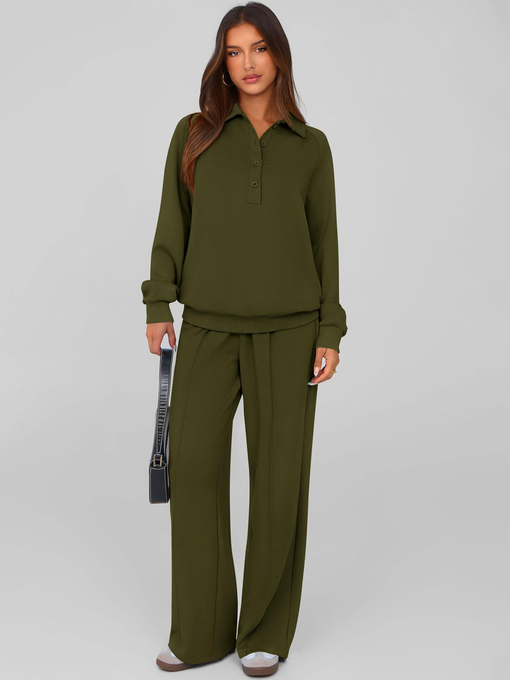 PRETTYGARDEN Women Fall 2 Piece Outfits Sweatsuits Lounge Sets Quarter Button Long Sleeve Sweatshirt, Wide Leg Sweat Pants, Casual 2 Piece Sets Tracksuit, Airport Travel Outfits for Women
