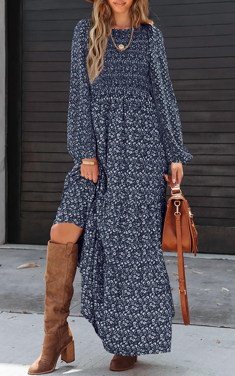 PRETTYGARDEN Women's Fall Dresses Long Sleeve Flowy Casual Floral Maxi Dress Crew Neck Smocked Tiered Long Dress