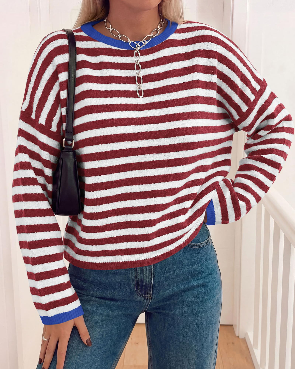BTFBM Women's Lightweight Oversized Striped Sweater | Soft Knit Cozy Sweaters, Crew Neck Long Sleeve Pullover, y2k Color Block, Casual Holiday Outfits, Winter Fall Clothes