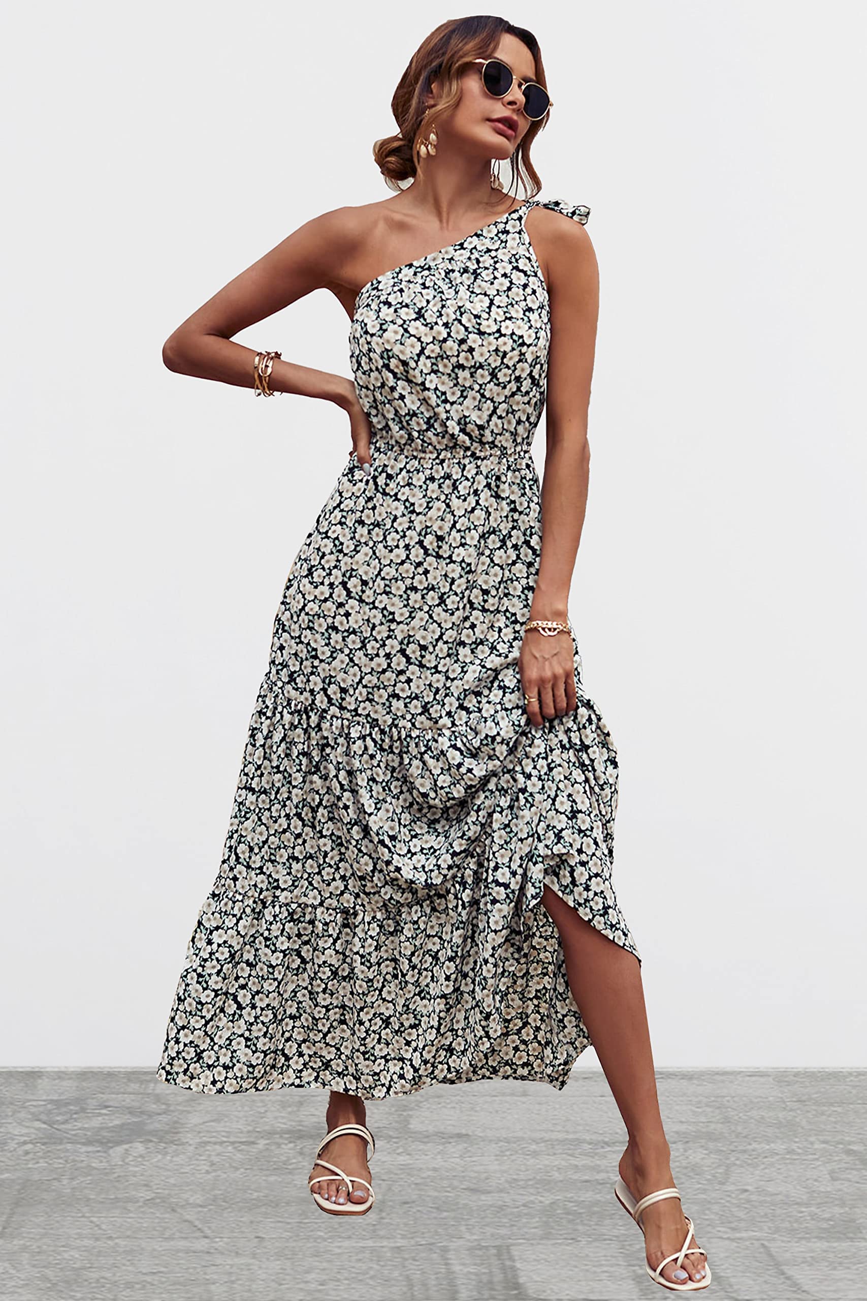 PRETTYGARDEN Women's Summer Floral One Shoulder Maxi Dress Knot Ruffle Boho Beach Vacation Wedding Guest Long Sun Dresses
