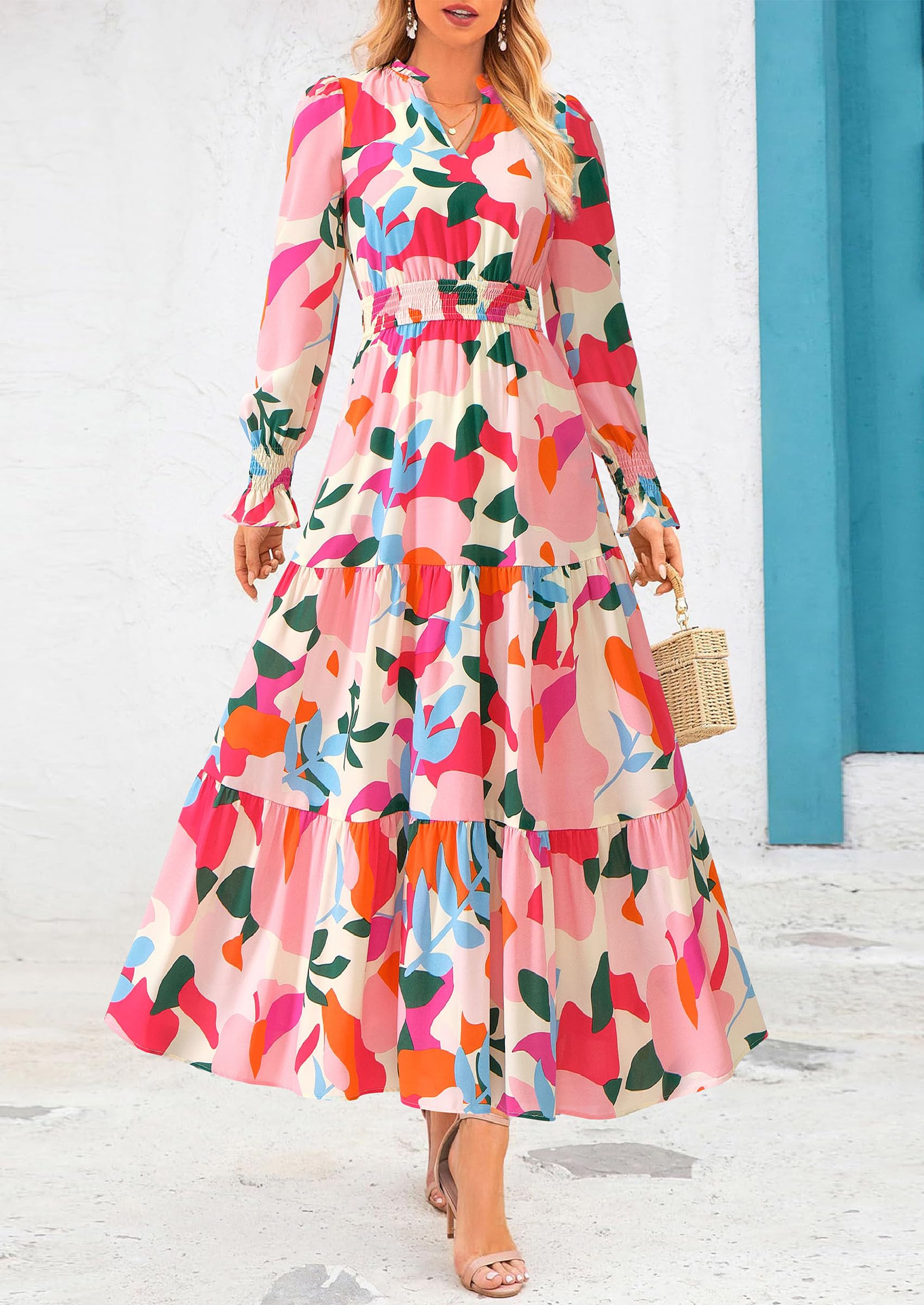 PRETTYGARDEN Women's Floral Maxi Dress Fall Long Sleeve V Neck Casual A Line Long Flowy Boho Party Dresses