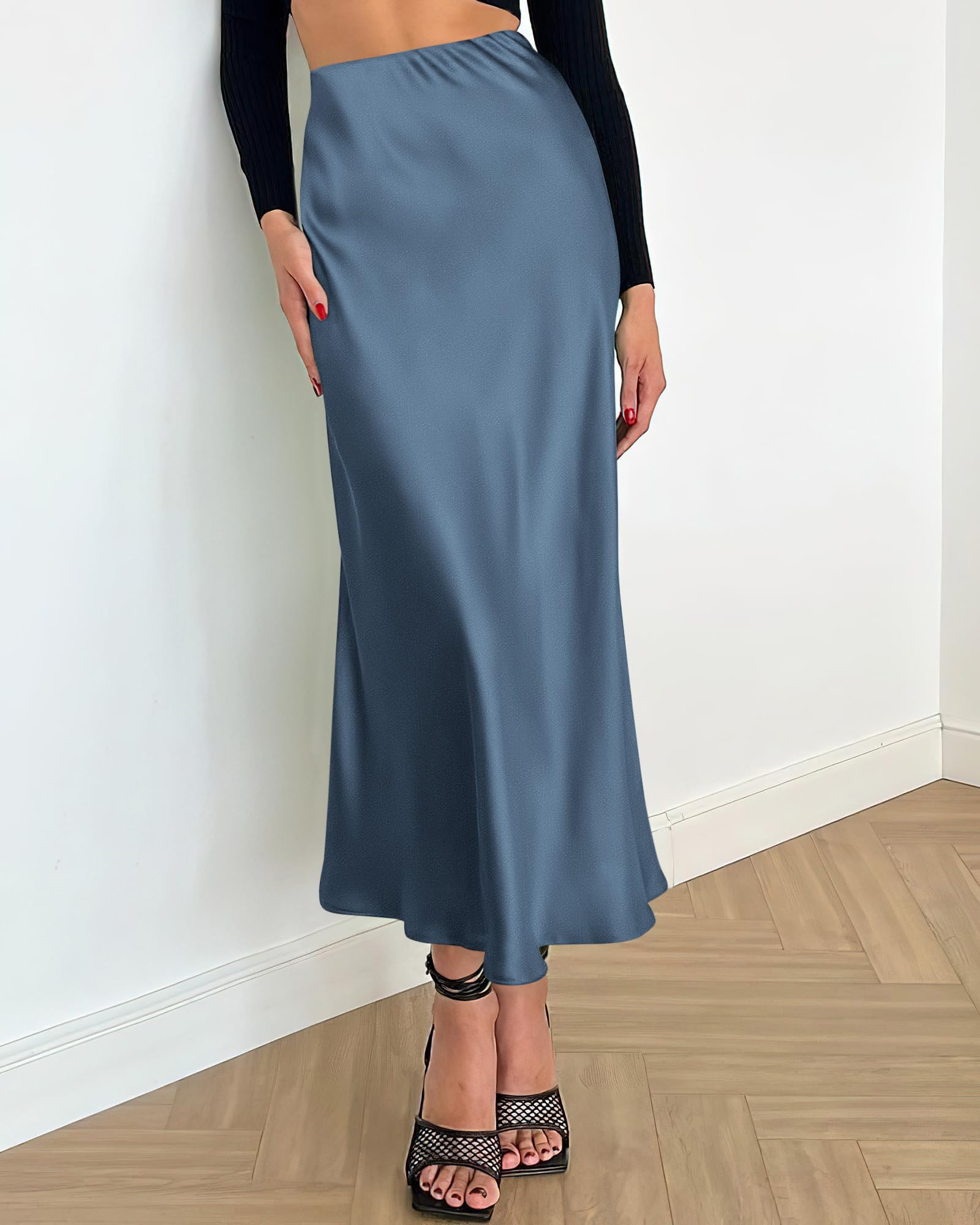 BTFBM Summer Womens Skirts Silk Elegant High Waist Flowy Long Satin A-Line Midi Skirt Cocktail Wedding Party