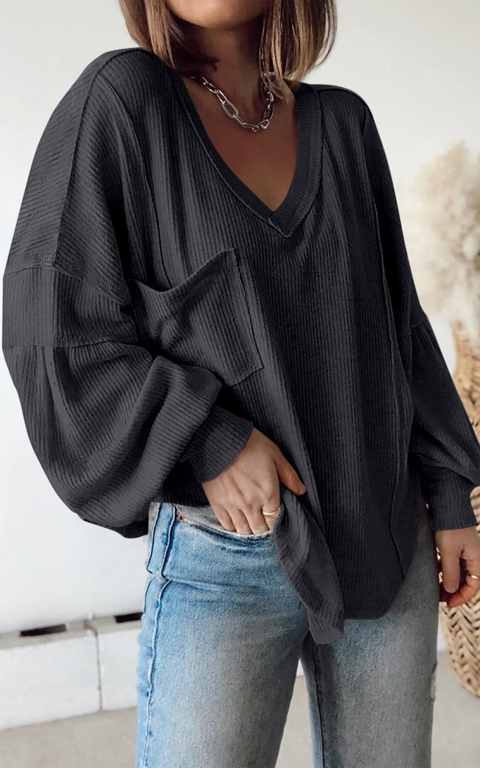 FreshPretty Womens Fall Fashion Long Sleeve Shirts Casual V Neck Ribbed Knit Blouses Pullover Trendy Loose Fit Tunic Tops