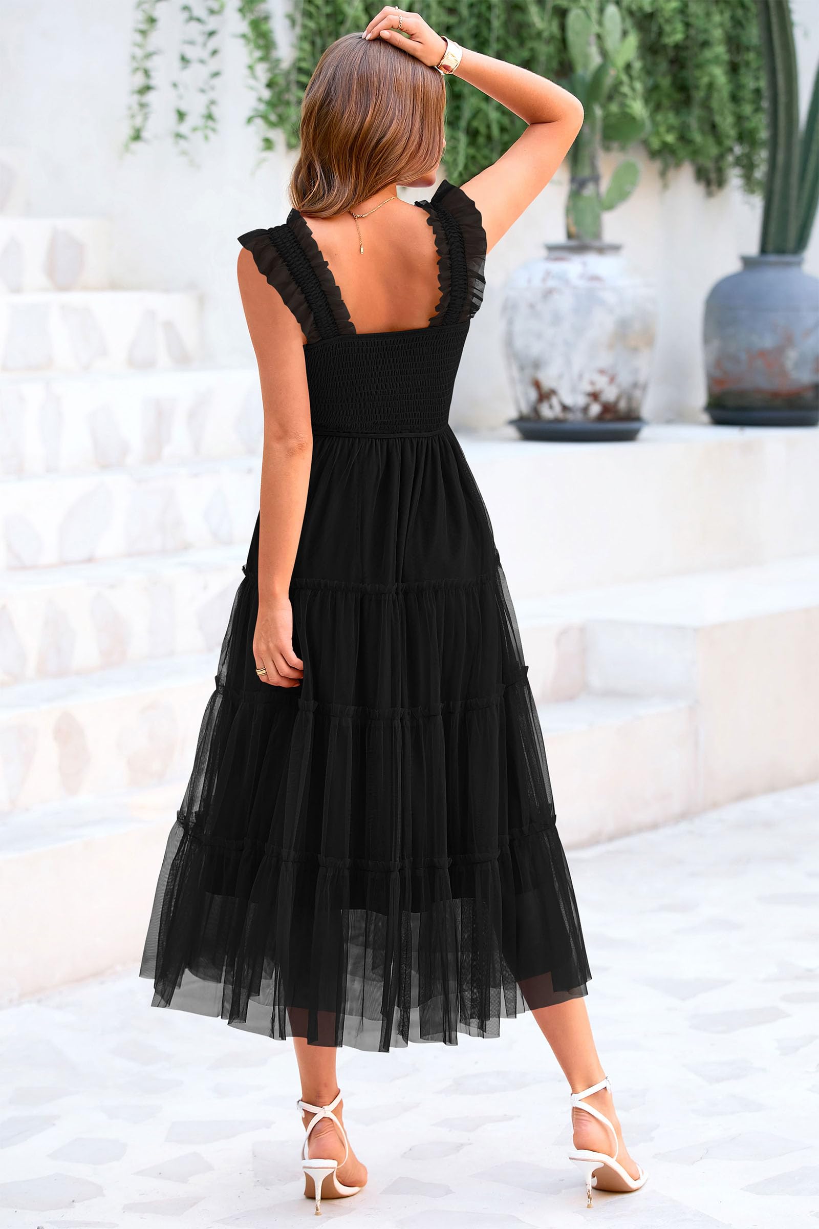 PRETTYGARDEN Women's Summer Tulle Midi Dress Sleeveless Smocked Ruffle Flowy Mesh Dresses Party Wedding Guest Sundress