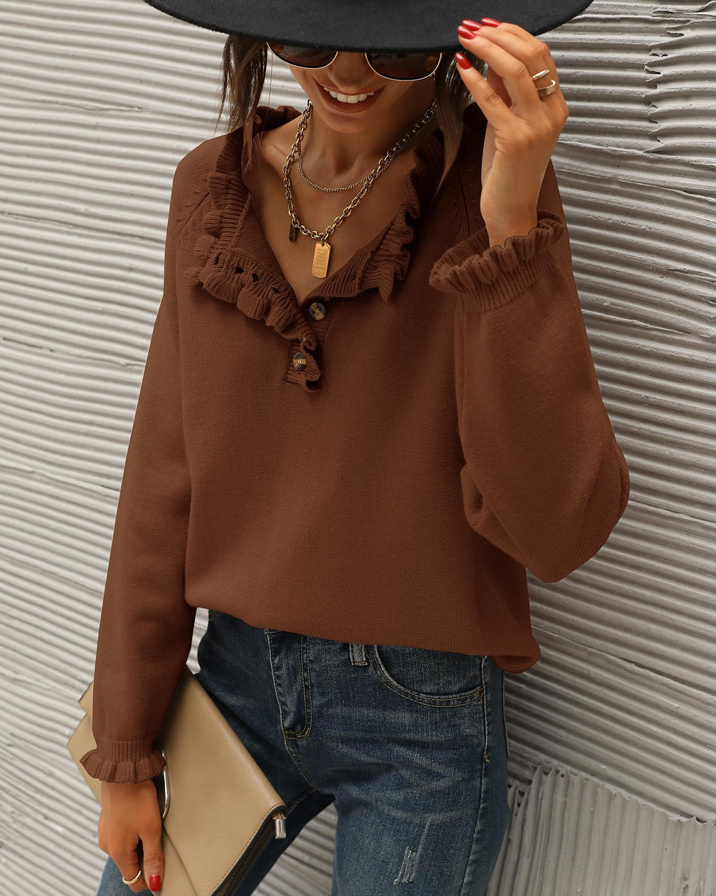 FreshPretty Womens Sweaters Fall Winter Clothes Long Sleeve Button Down Ruffle Crew Neck Casual Knitted Pullover Tops