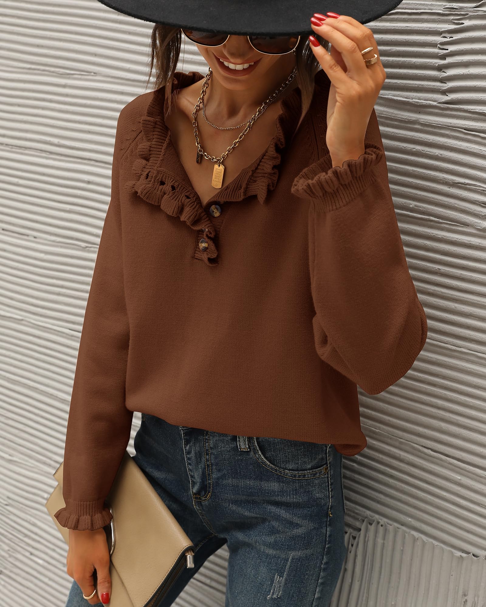 FreshPretty Womens Sweaters Fall Winter Clothes Long Sleeve Button Down Ruffle Crew Neck Casual Knitted Pullover Tops