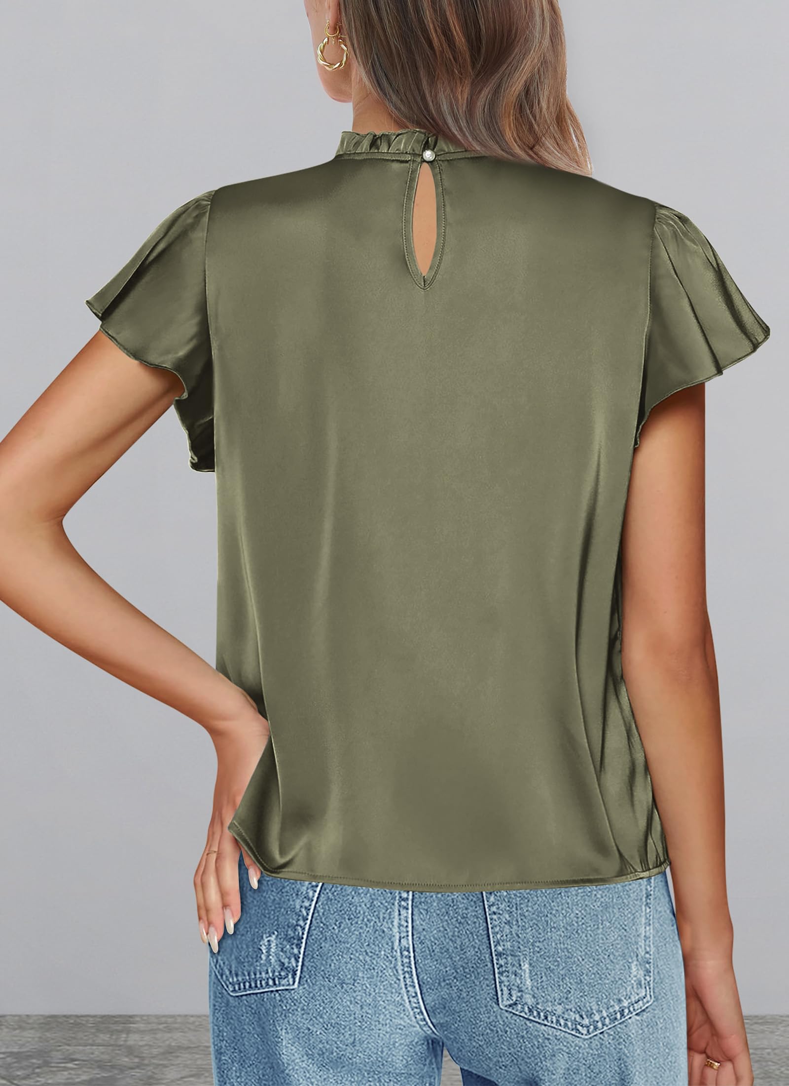 PRETTYGARDEN Business Casual Tops for Women Blouses Dressy  Summer Short Sleeve Ruffle Satin Work Office Attire