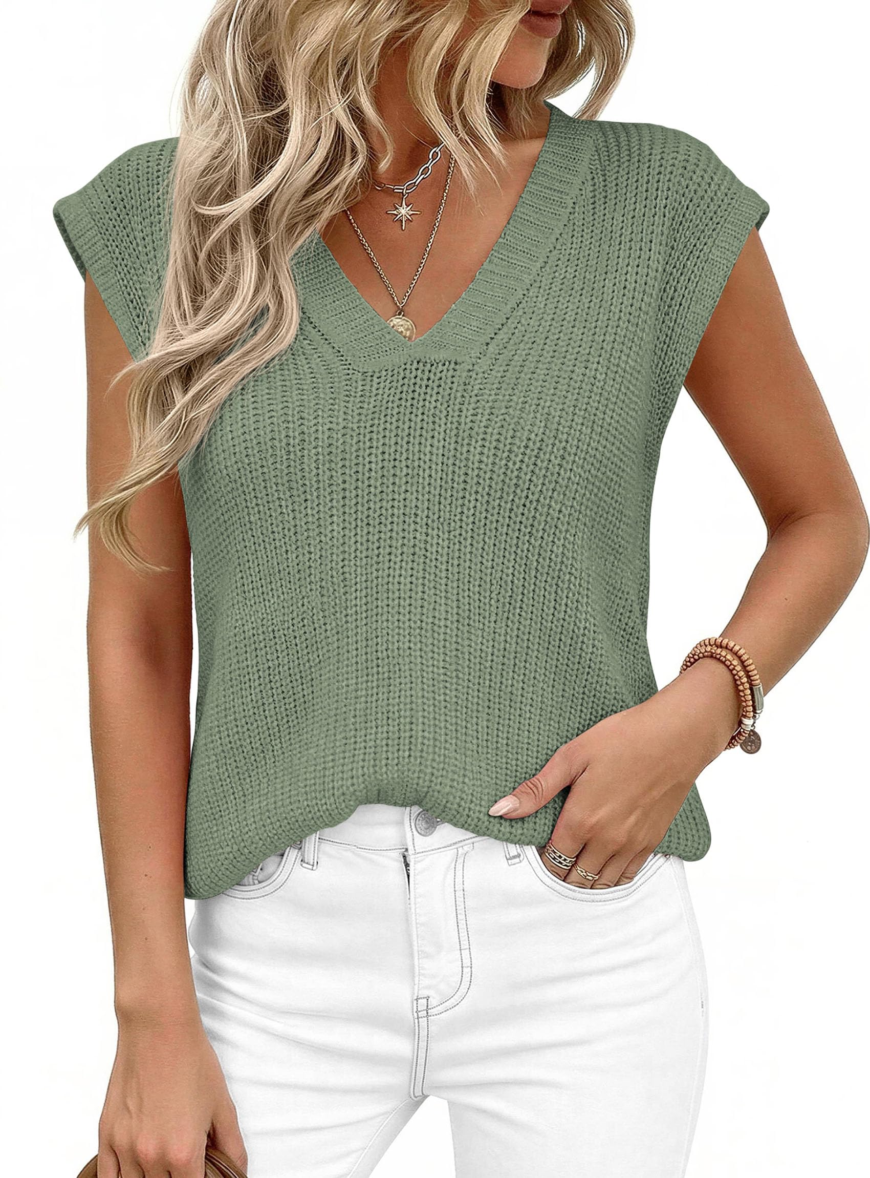 PRETTYGARDEN Women's Lightweight Sweaters Vest Spring Trendy Cap Sleeve V Neck Knit Tank Tops Summer Going Out Outfits