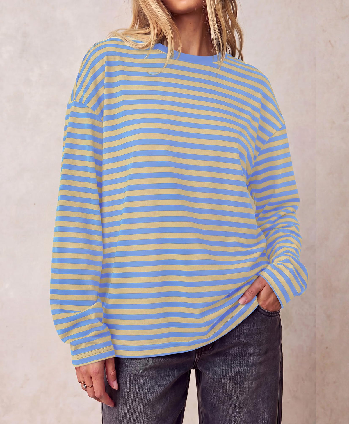 BTFBM Womens Long Sleeve Tops Fall Fashion | Lightweight, Crew Neck, Oversized Striped Shirt Women, Y2k Clothes, Vacation Travel Outfits, Going Out Top, Winter Layering