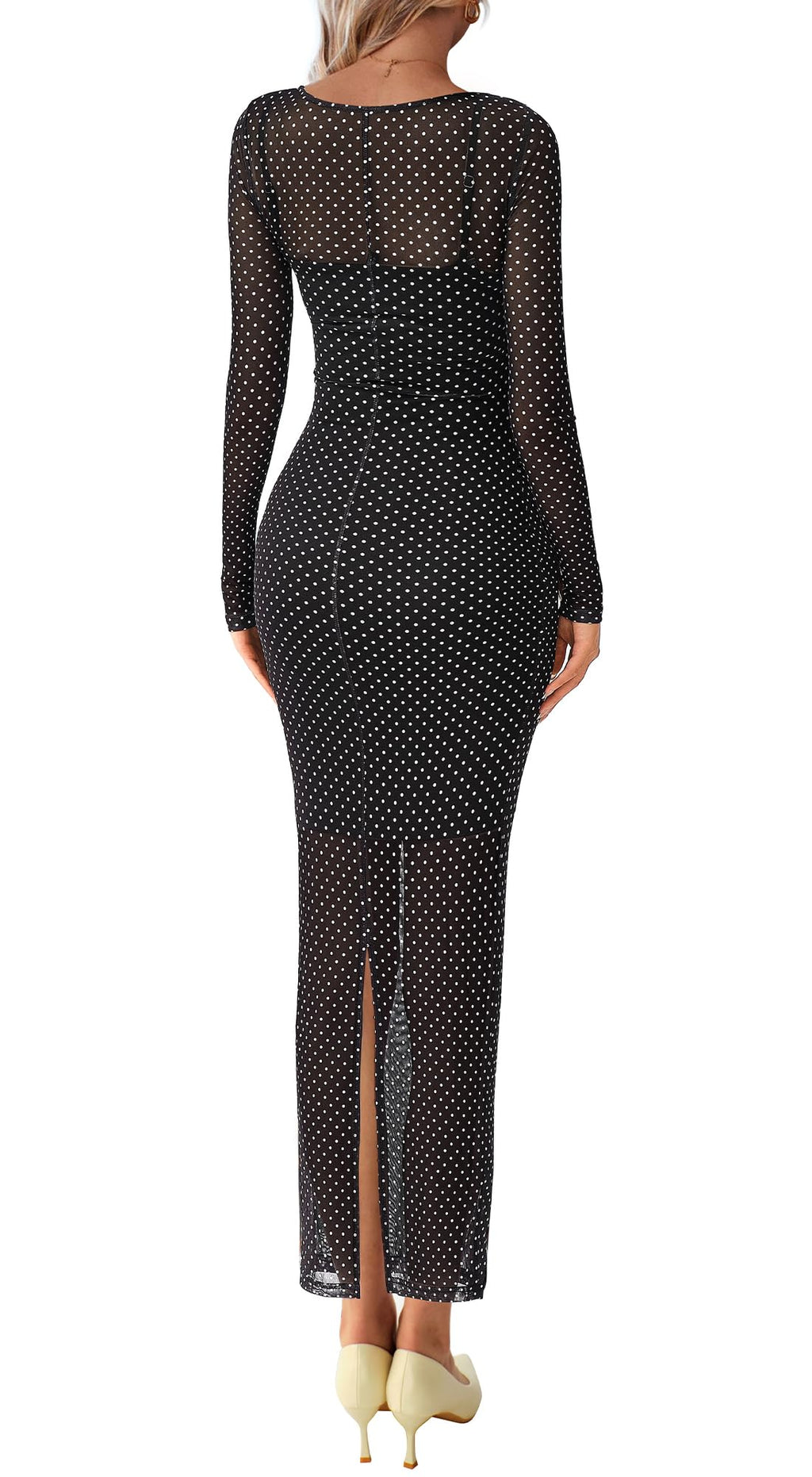 BTFBM Spring Dresses for Women 2 Piece Set Long Sleeve Polka Dot Sexy Bodycon Mesh Dress and Slip Dress Wedding