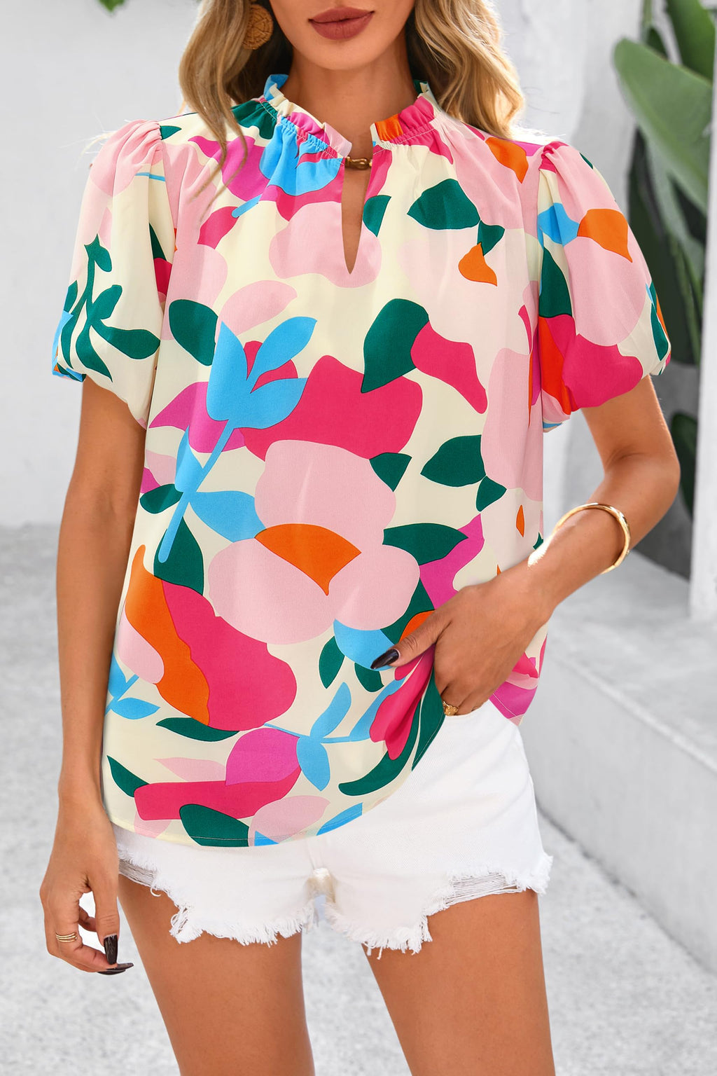 PRETTYGARDEN Boho Short Sleeve Floral Work Blouses for Women Dressy Casual V Neck Puff Sleeve Loose Chiffon Flowy Tops Shirts