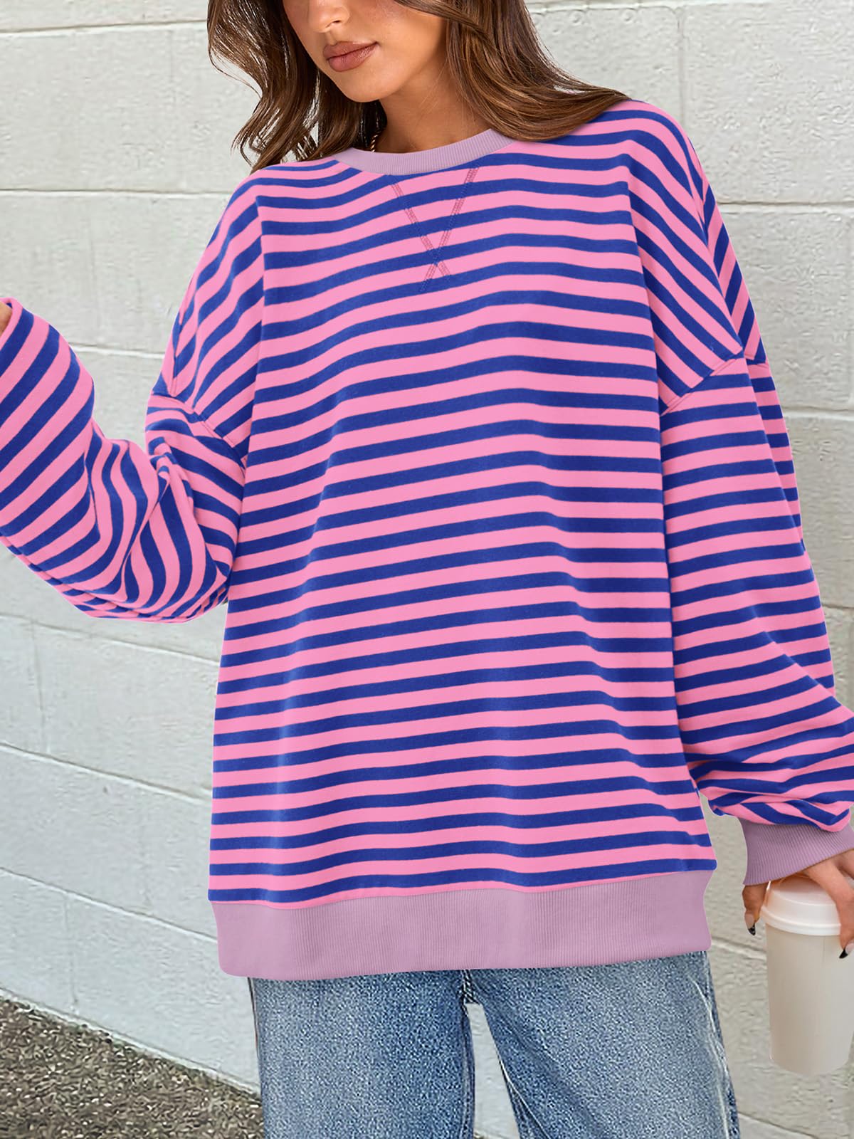 PRETTYGARDEN Womens Striped Oversized Sweatshirt Color Block Crew Neck Long Sleeve Casual Loose Pullover Top Y2K Clothes