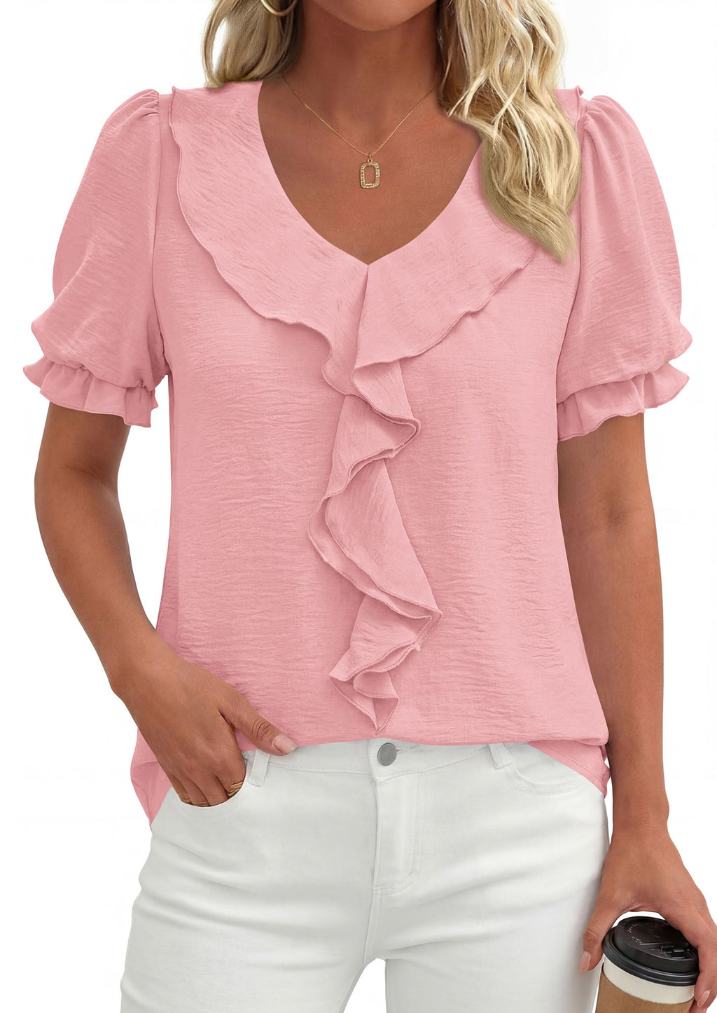 PRETTYGARDEN Women's Summer Dressy Casual Blouses Short Sleeve V Neck Ruffle Business Work Tops Trendy Spring Outfits