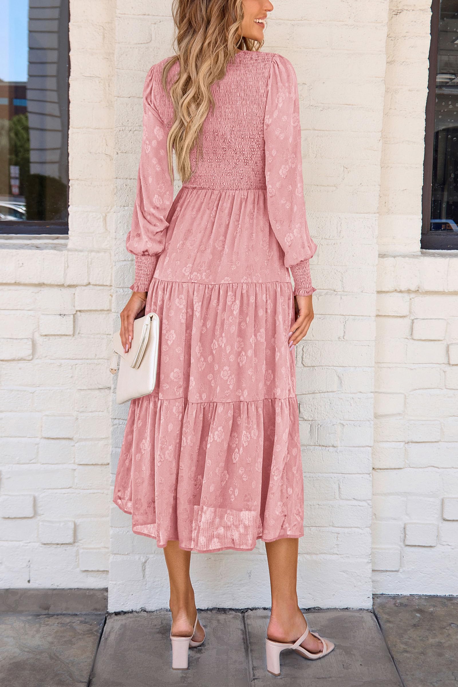 PRETTYGARDEN Women's Fall Spring Midi Dress Long Sleeve Floral Smocked Elegant Wedding Guest Long Flowy Dresses with Pockets