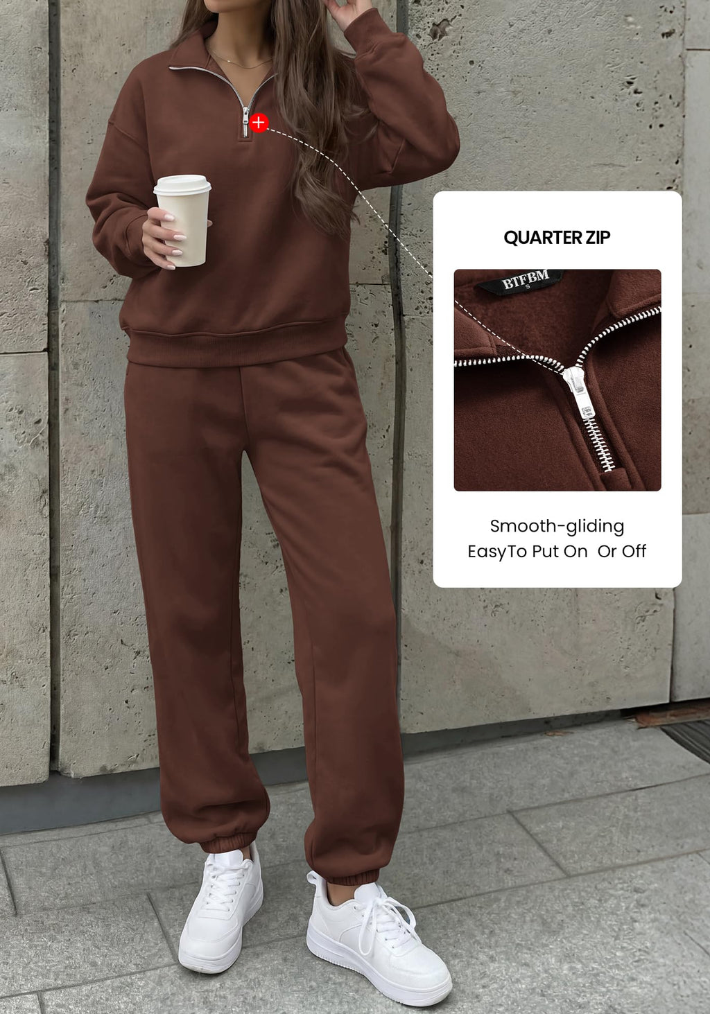 BTFBM Womens 2 Piece Outfits Sweatsuit Fleece Lounge Sets Quarter Zip Pullover Sweatshirt,Baggy Jogger Sweatpants,Fall Fashion Clothing,Airport Travel Matching Sweat Set