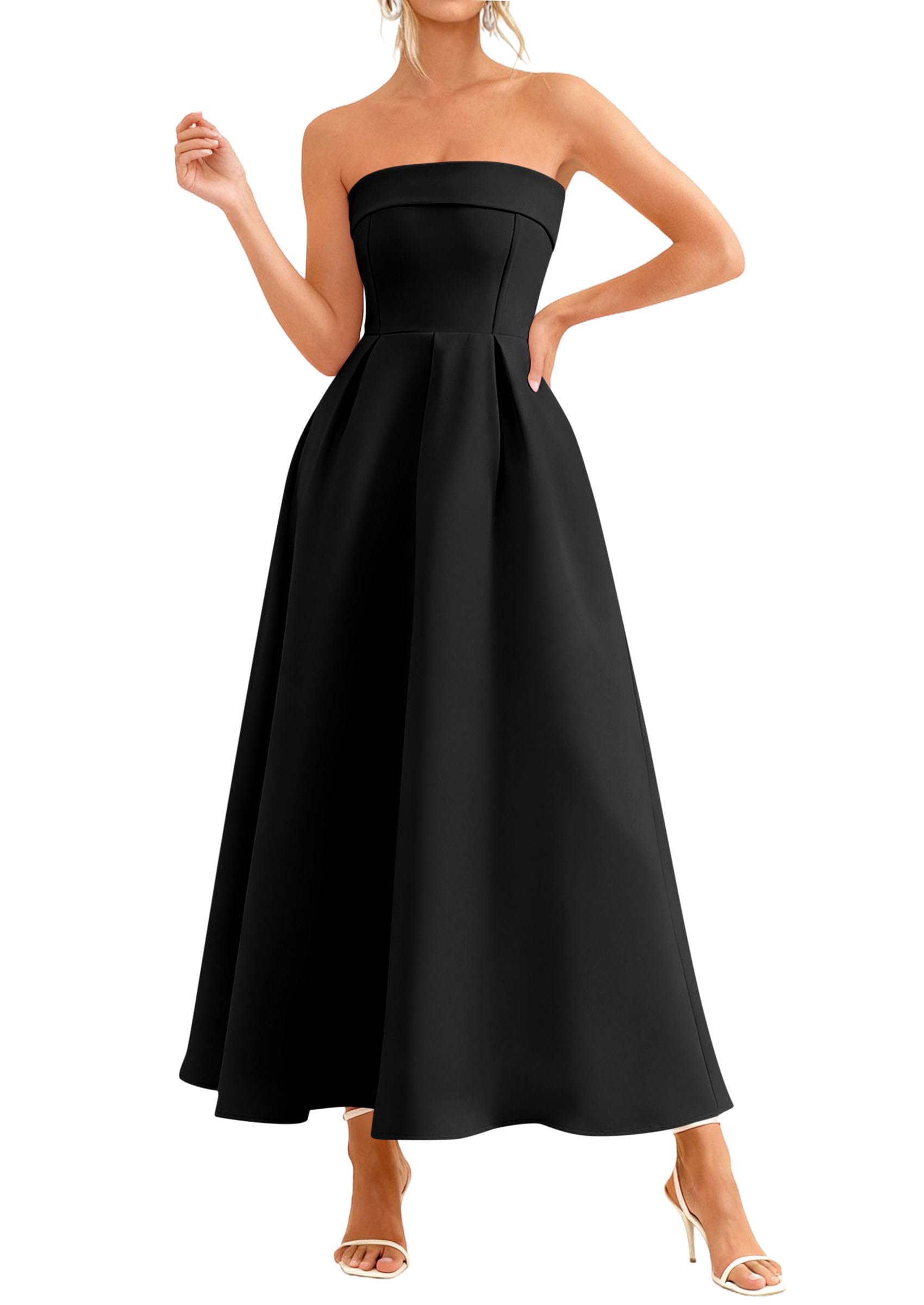 PRETTYGARDEN Cocktail Dresses for Women Summer Formal Elegant Tube Top Strapless Spring Wedding Guest Party Midi Dress