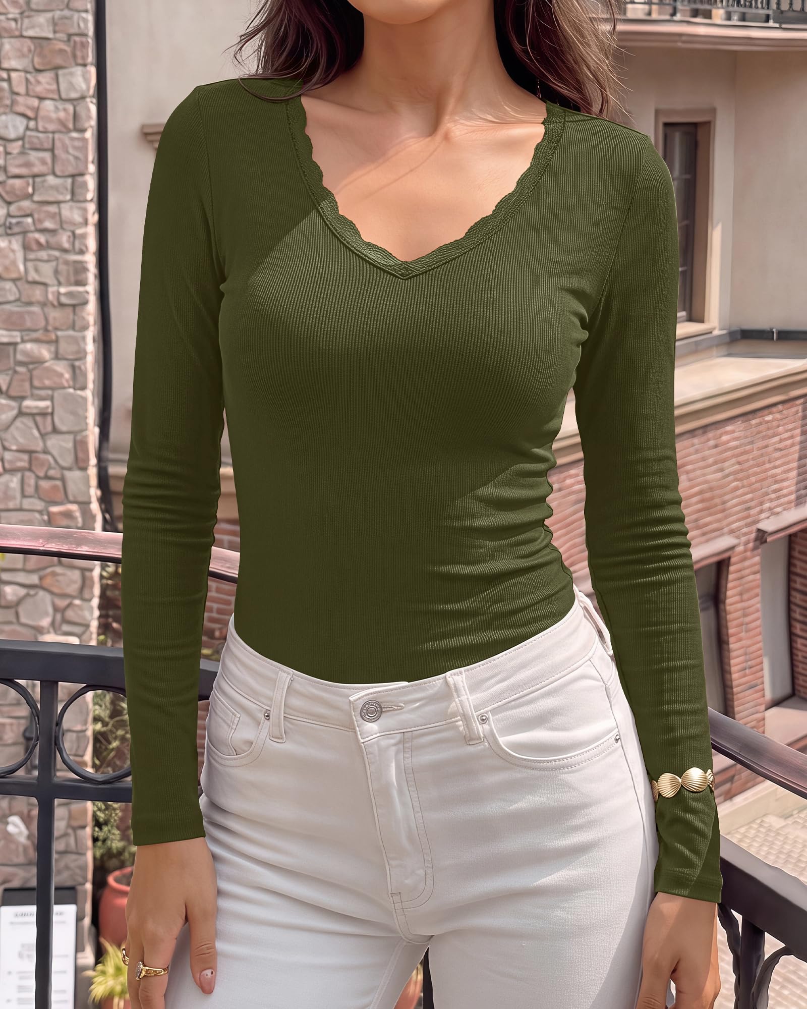BTFBM Lace Deep V Neck Fitted Long Sleeve Shirts for Women | Womens Fall Fashion, Casual T Shirt, Base Layer, Basic Undershirts, Slim Fit Going Out Tops, Date Night Out Outfits