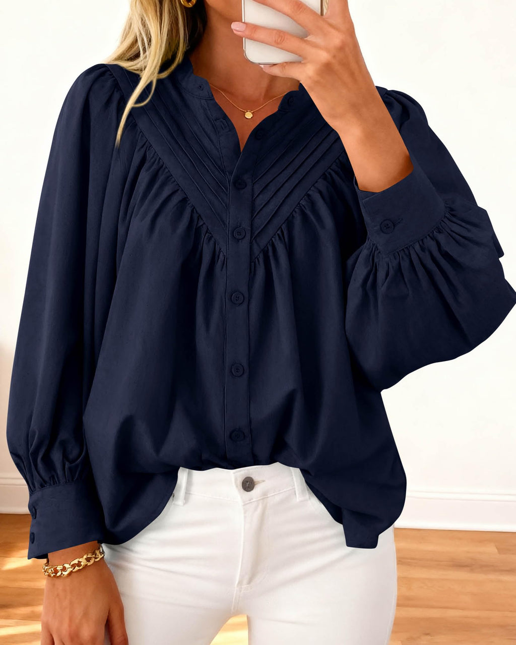 FreshPretty Blouses for Women Dressy Casual Fashion Clothing Long Sleeve Shirts Loose Fit Button Down Pleated Boho Going Out Tops